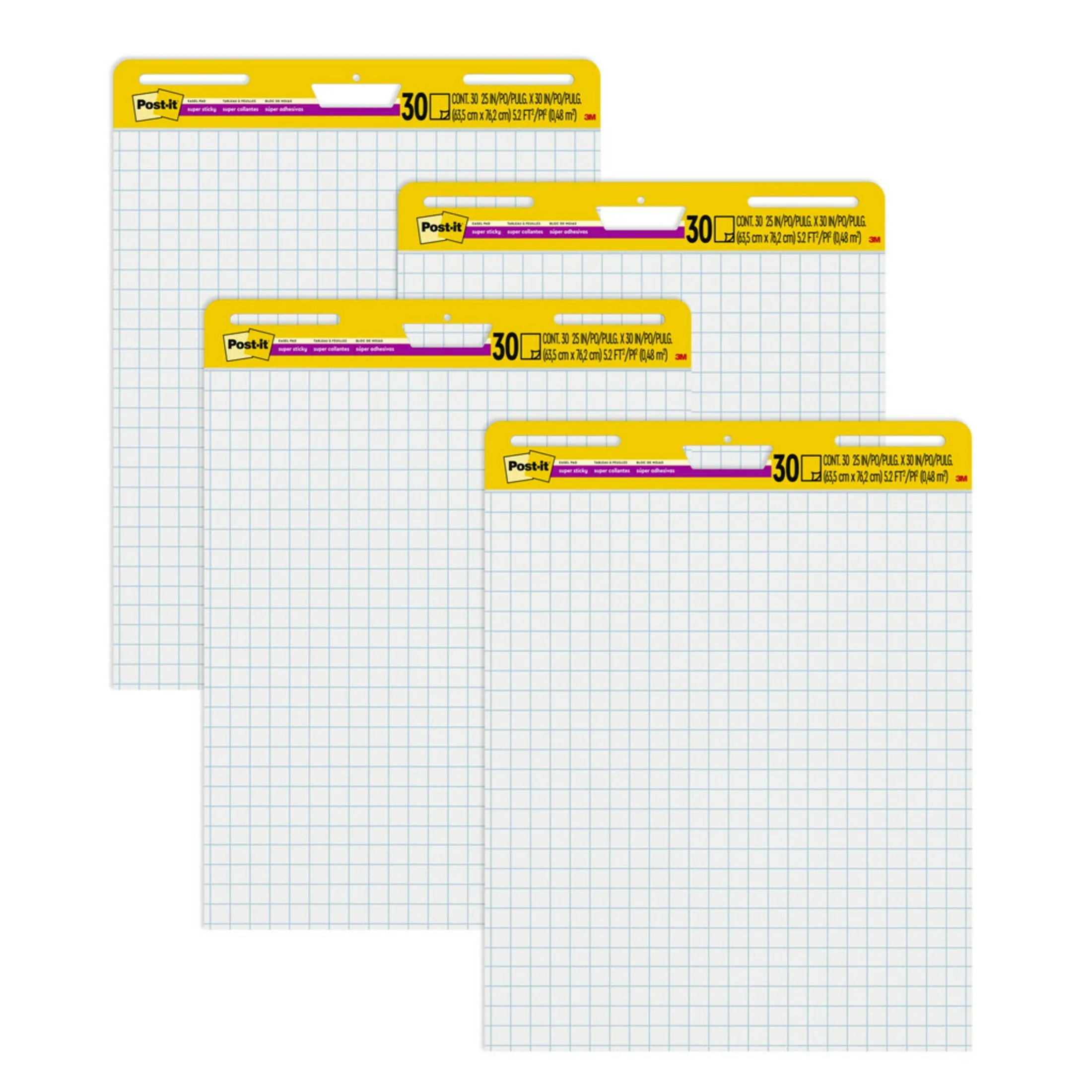3M Post-it Super Sticky Easel Pads, White Grid, 25 in. x 30 in., 30 Sheets per Pad, 4 Pads Pack, 560 VAD 4PK