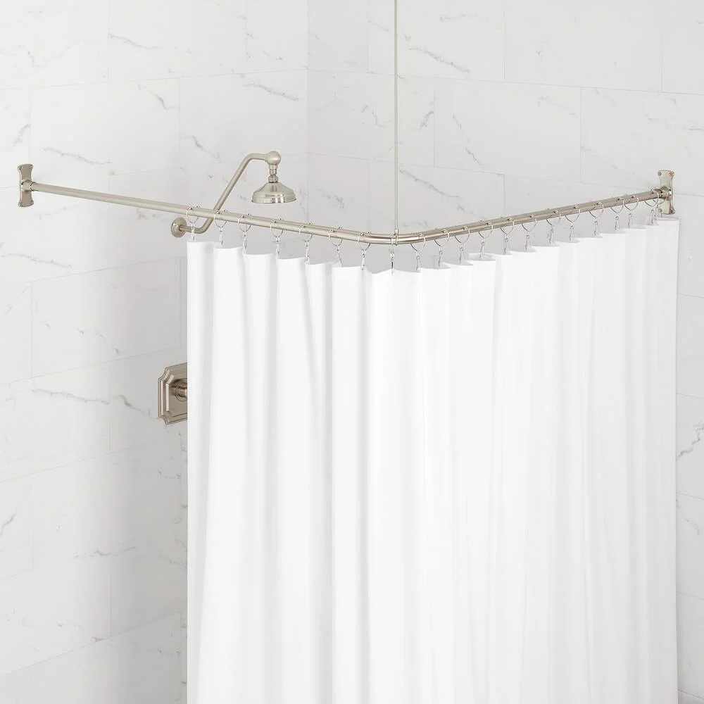 48" x 48" Corner Brass Shower Rod WITH Flanges and Ceiling Support-Brushed Nickel