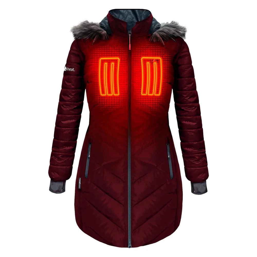 ActionHeat AHLPJKT-5V-WW-L 5V Heated Long Puffer Jacket with Hood for Ladies - Wine - L
