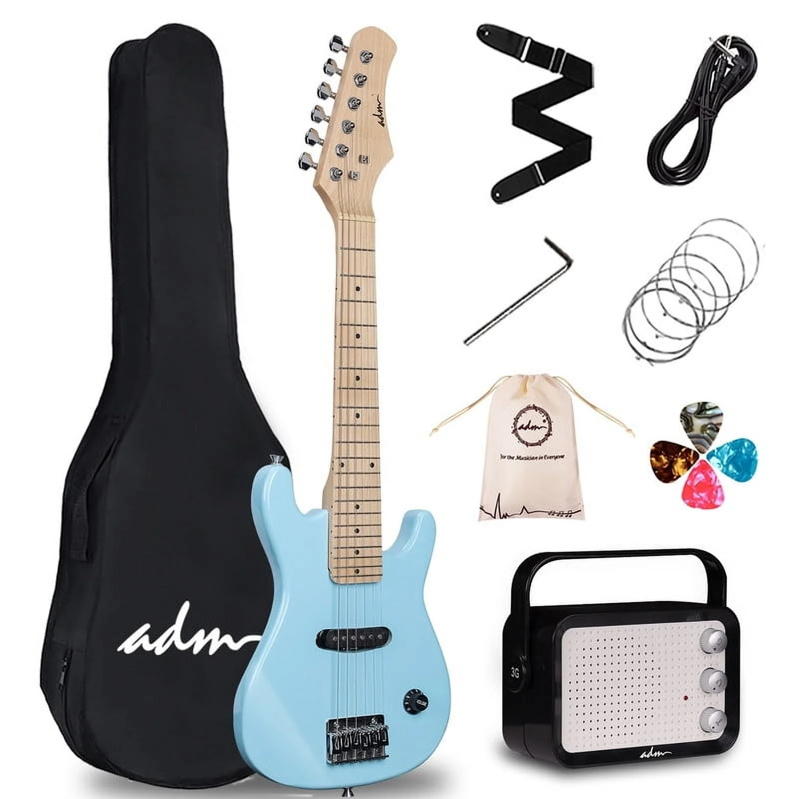 ADM EJC301-LBL 30" Kids Electric Guitar Beginner Kit, 1/4 Size Mini w/Amplifier, Blue