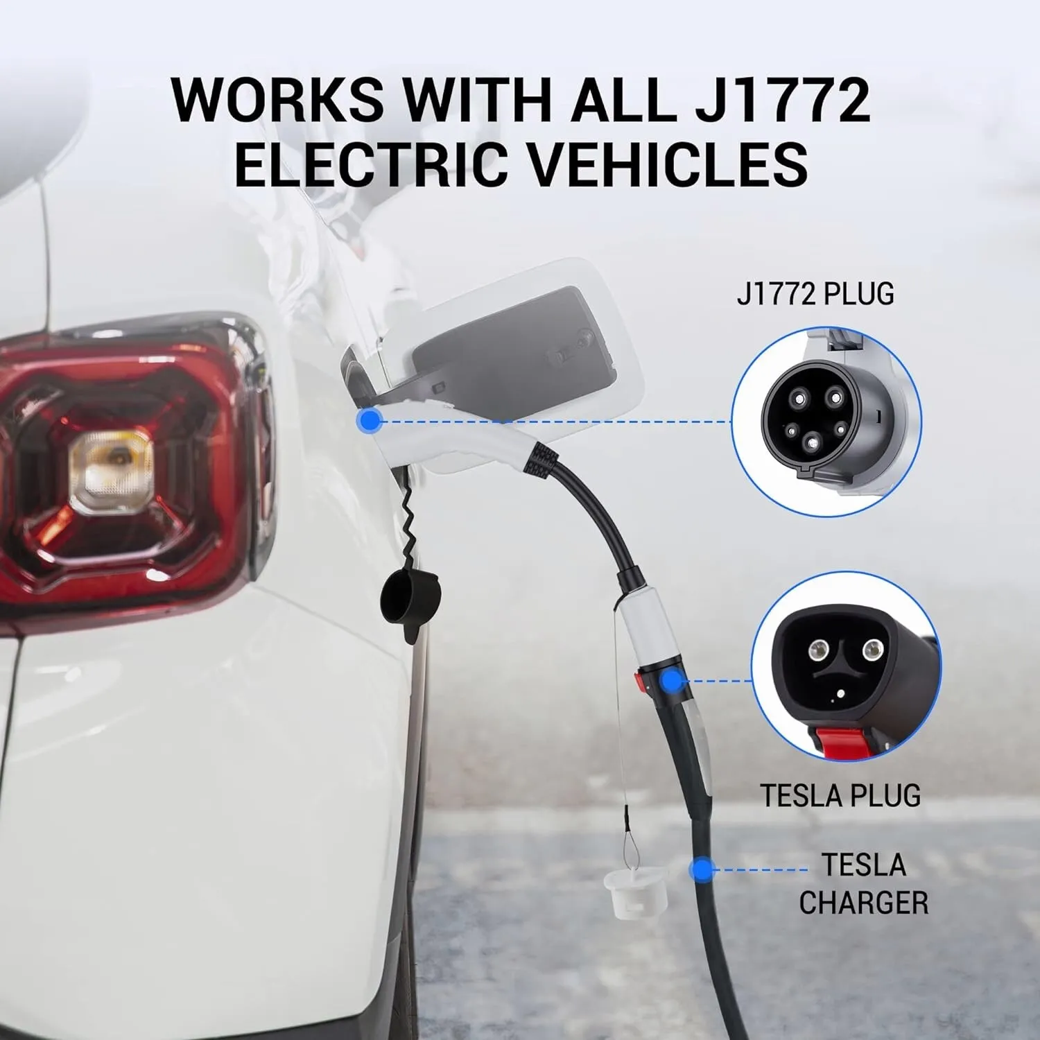 Adsafe Tesla to J1772 Adapter, 60 Amp, 250V Fast Charger, White - Image 2