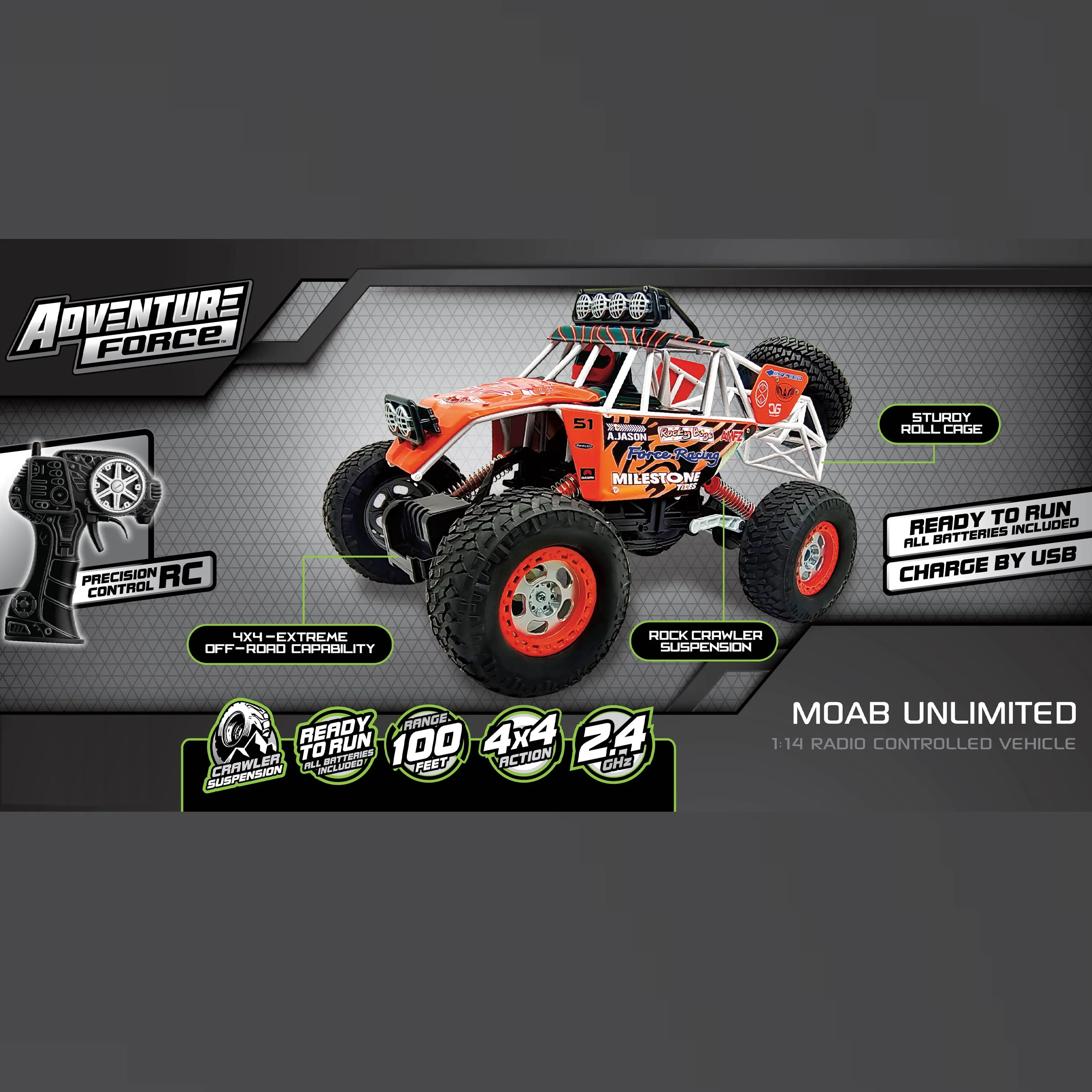 Adventure Force Moab Unlimited 1:14 Scale 4x4 Radio Control Car, Rock Crawler Suspension, USB Rechargeable, 2.4GHz, Off-Road, Black - Image 2