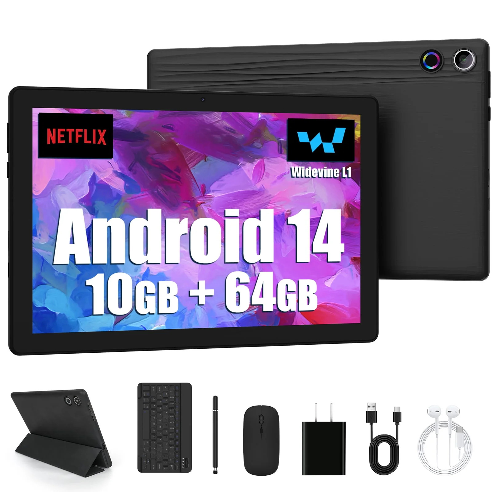 AEEZO A10L-BKH Android 14 10 Inch Tablet with Case, 10GB RAM, 64GB Storage, Wi-Fi 6, Face Unlock, Black + Keyboard & Mouse Set