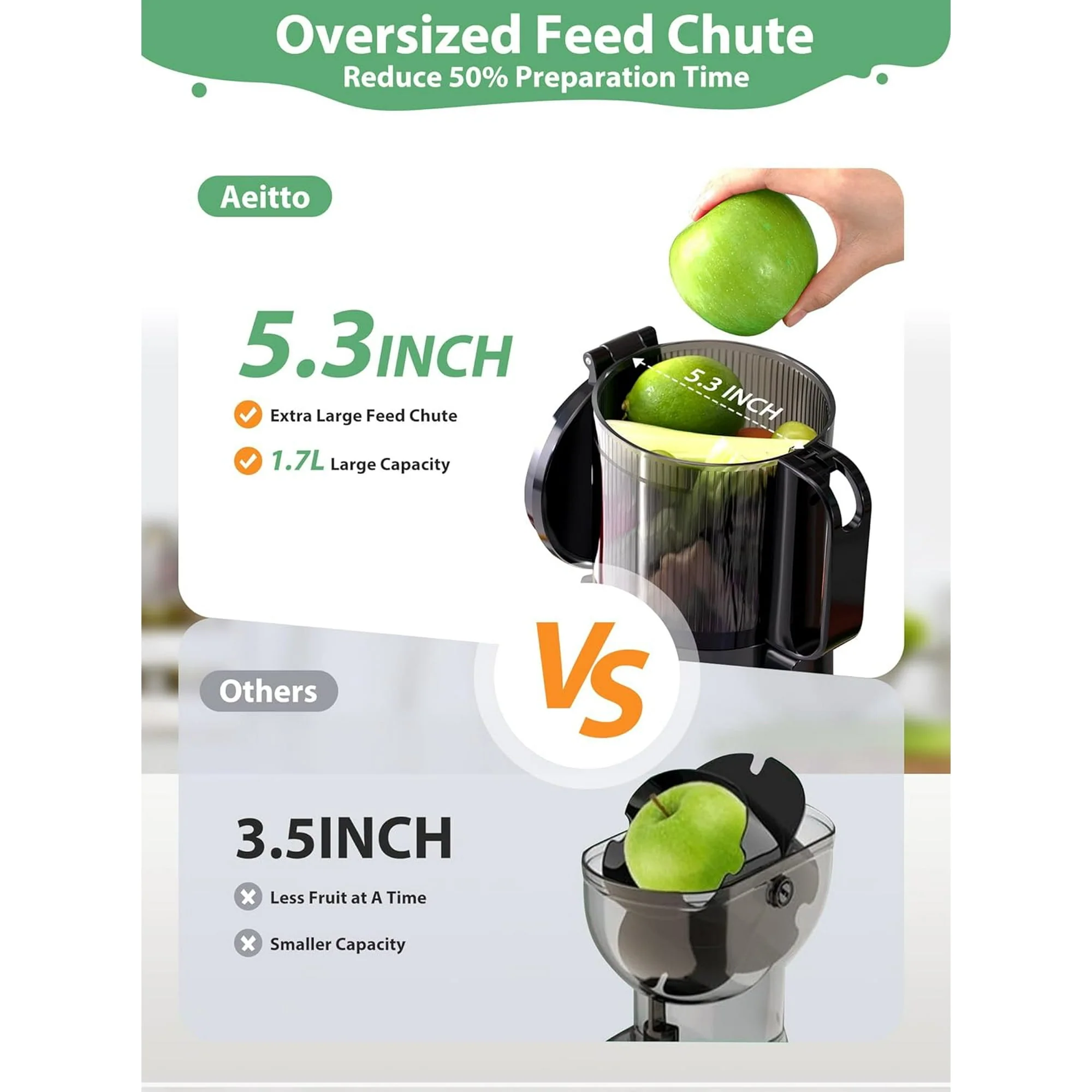 Aeitto SJ-041-2 250W Masticating Juicer, Cold Press with 5.3" Feed Chute & 1.7L Capacity, Grey - Image 2