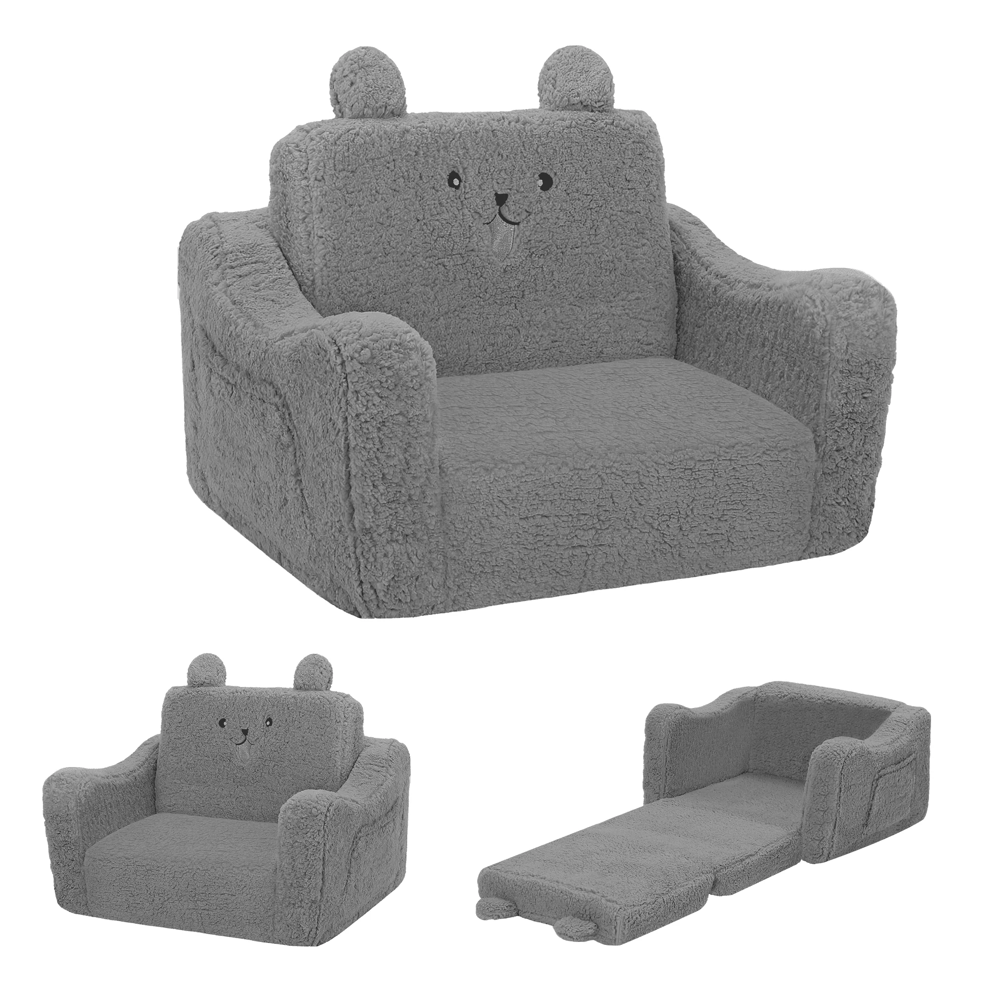 AILEEKISS Toddler Sofa Chair, 2-in-1 Foldable Baby Couch with Bear Pattern, Grey