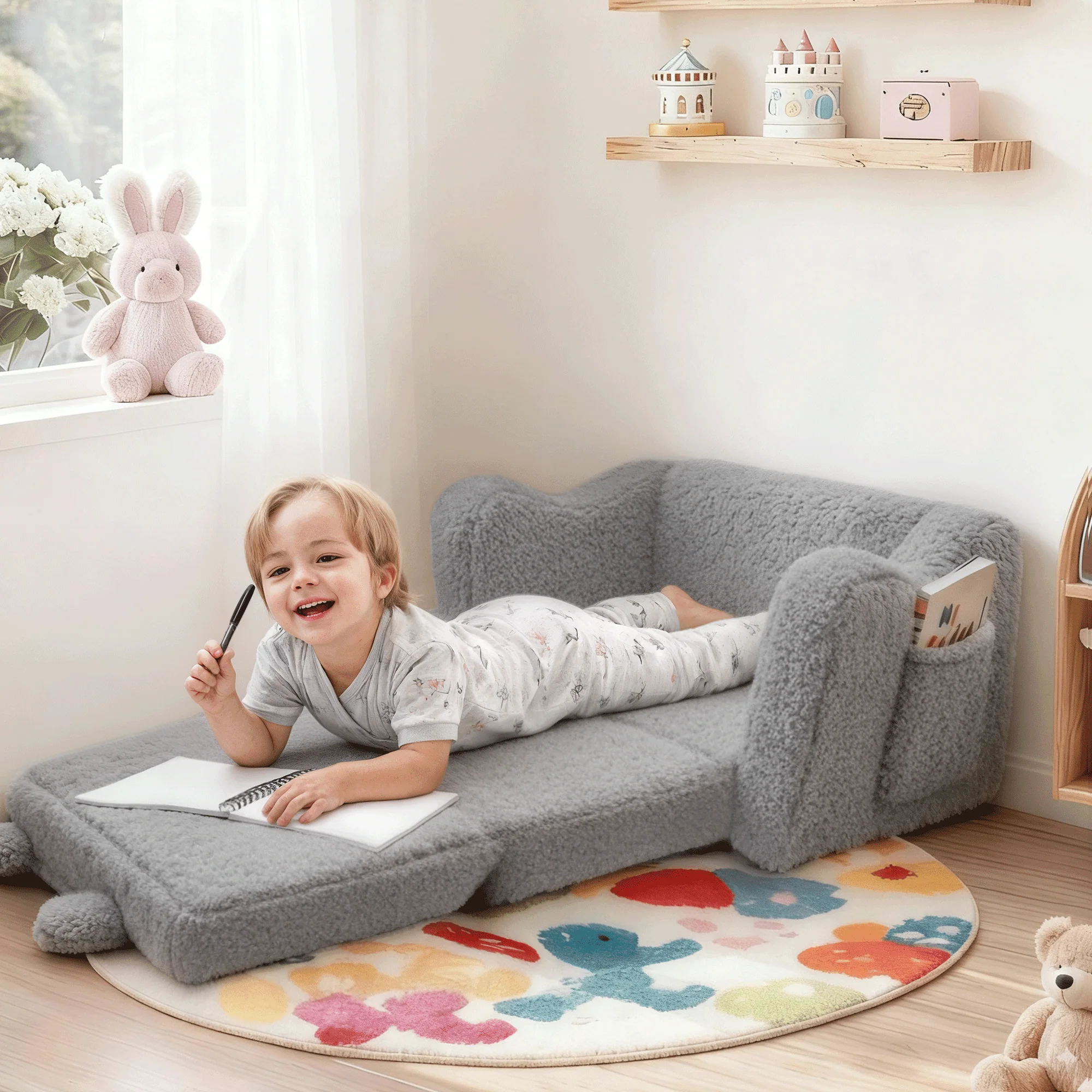 AILEEKISS Toddler Sofa Chair, 2-in-1 Foldable Baby Couch with Bear Pattern, Grey - Image 6