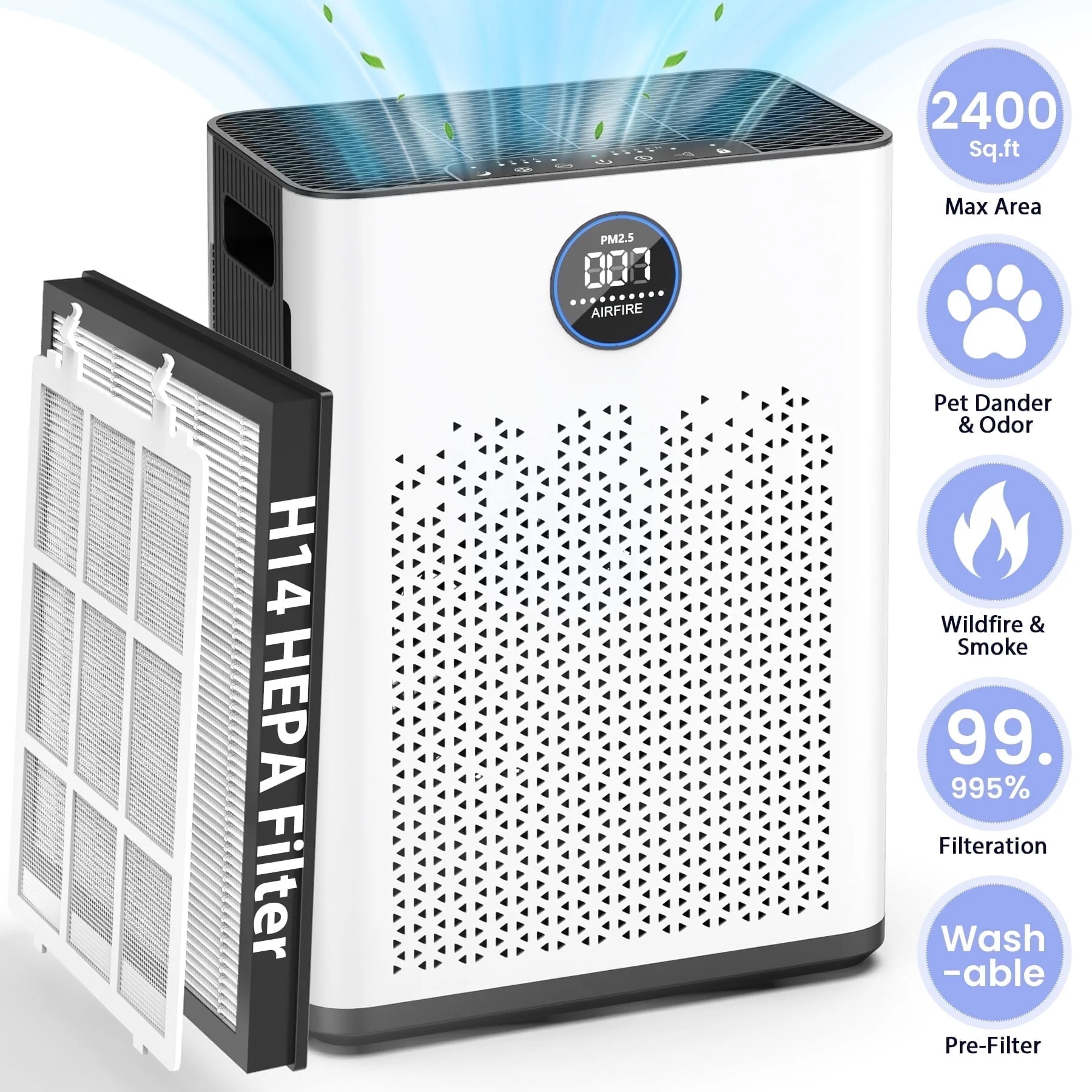 AIRFIRE AP307 HEPA Air Purifier with Medical Grade H14 Filter, White and Black