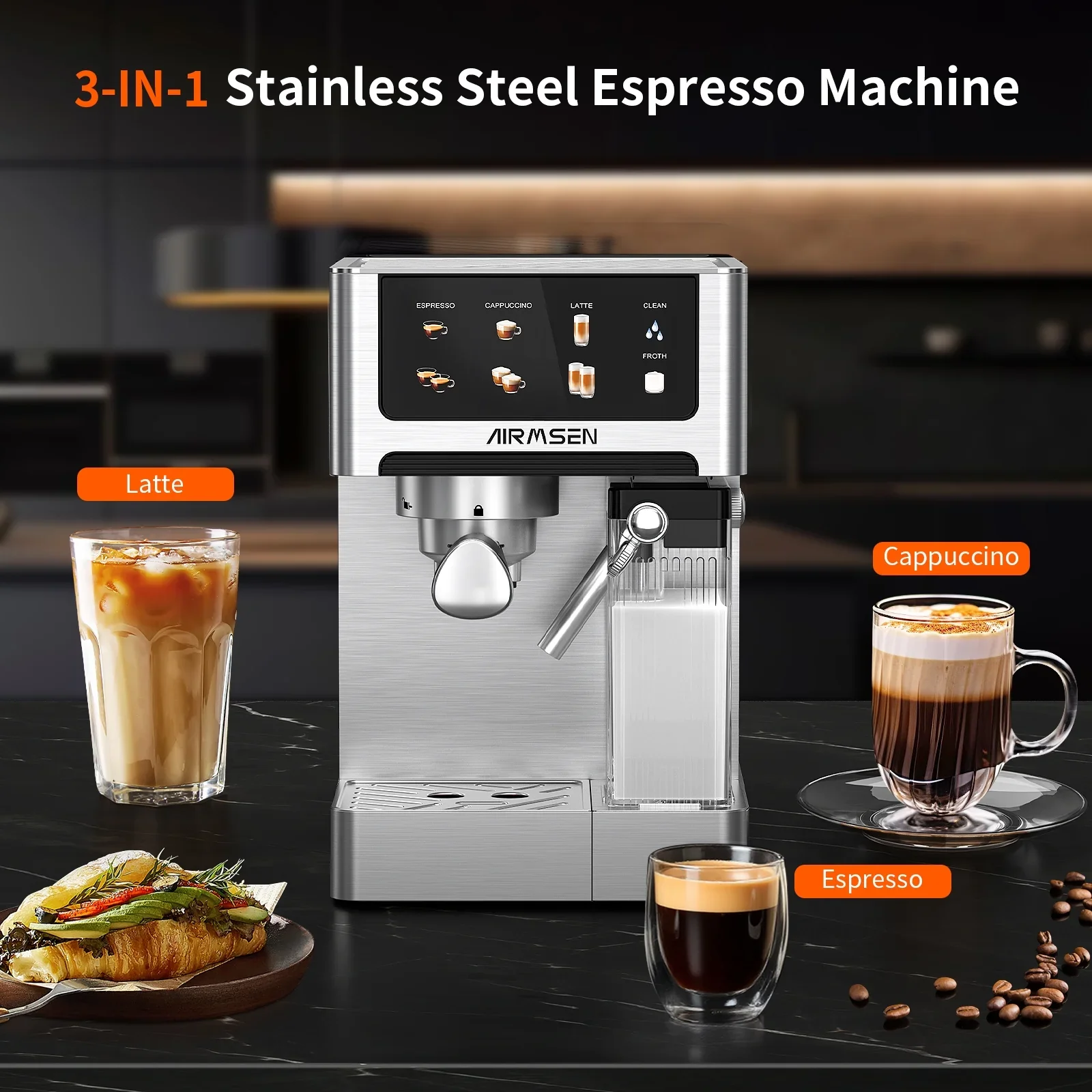 AIRMSEN BCM2308-WL 20 Bar Cappuccino Latte Machines with Automatic Milk Frothe - Image 2