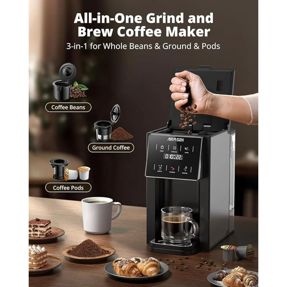AIRMSEN CGM511 Grind & Brew Coffee Maker with Built-in Grinder, Black - Image 2