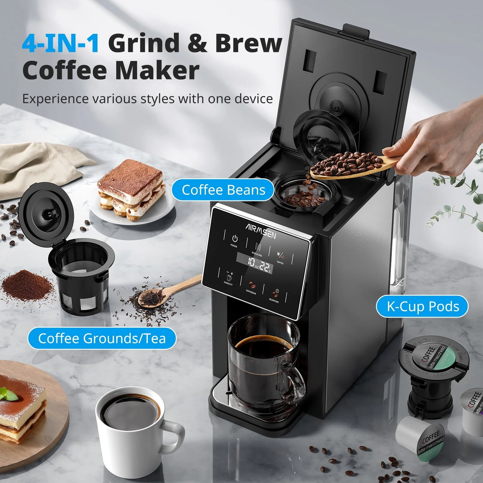 AIRMSEN CGM511 Grind & Brew Coffee Maker with Built-in Grinder, Black - Image 4