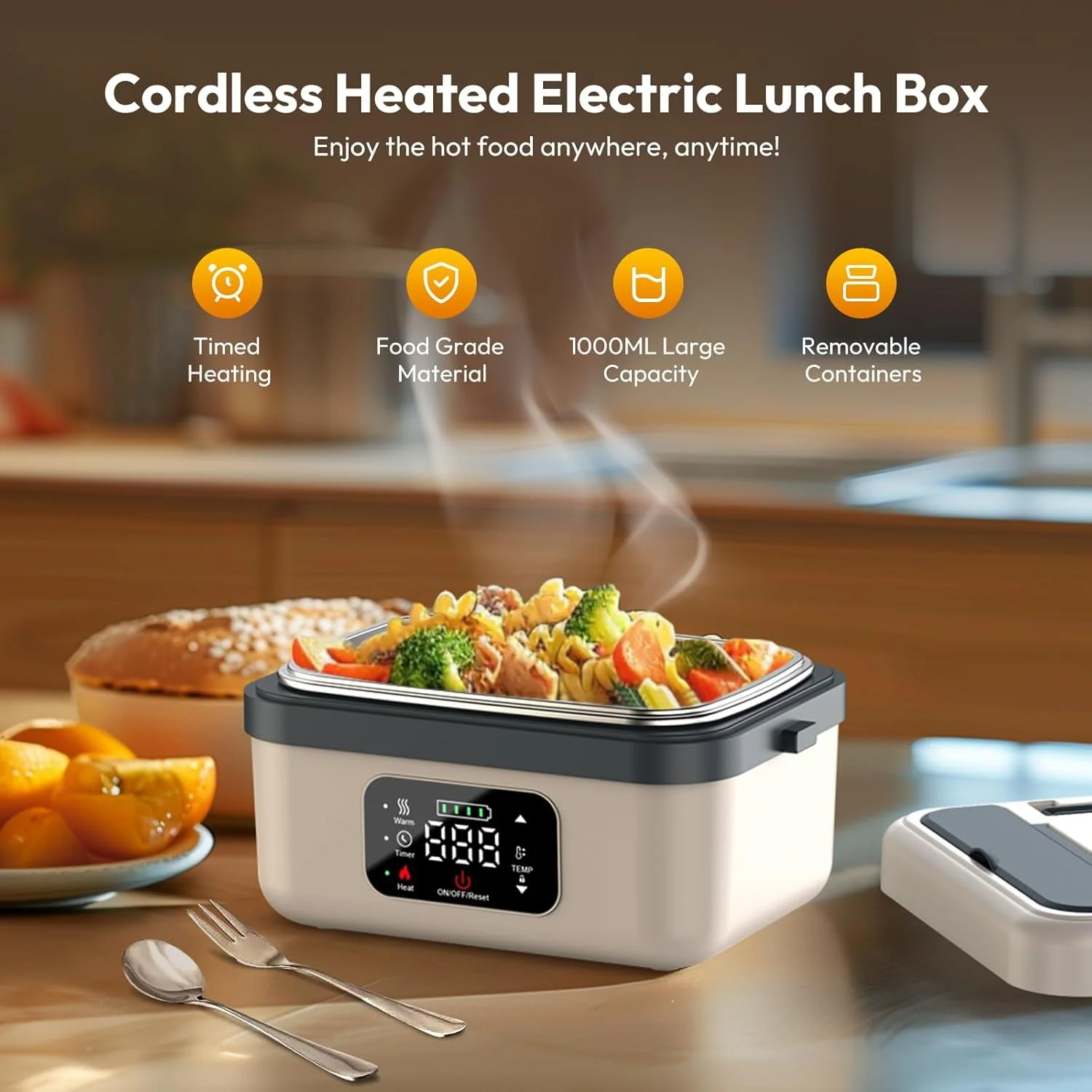 ALEXUNICON Cordless Electric Lunch Box w/1L Removable Stainless Steel Container, White - Image 5