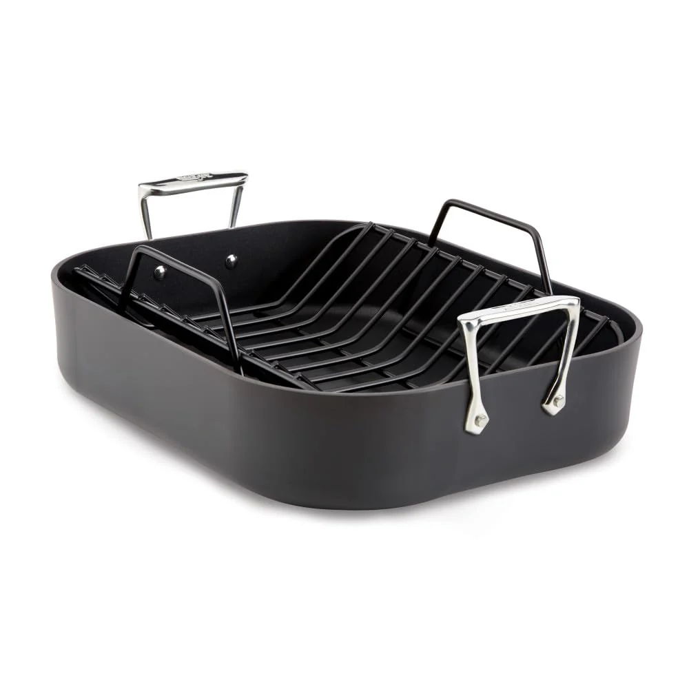 All-Clad HA1 Hard Anodized Nonstick Roaster with V-Shaped Stainless Steel Rack, Black, 13 x 16 Inch