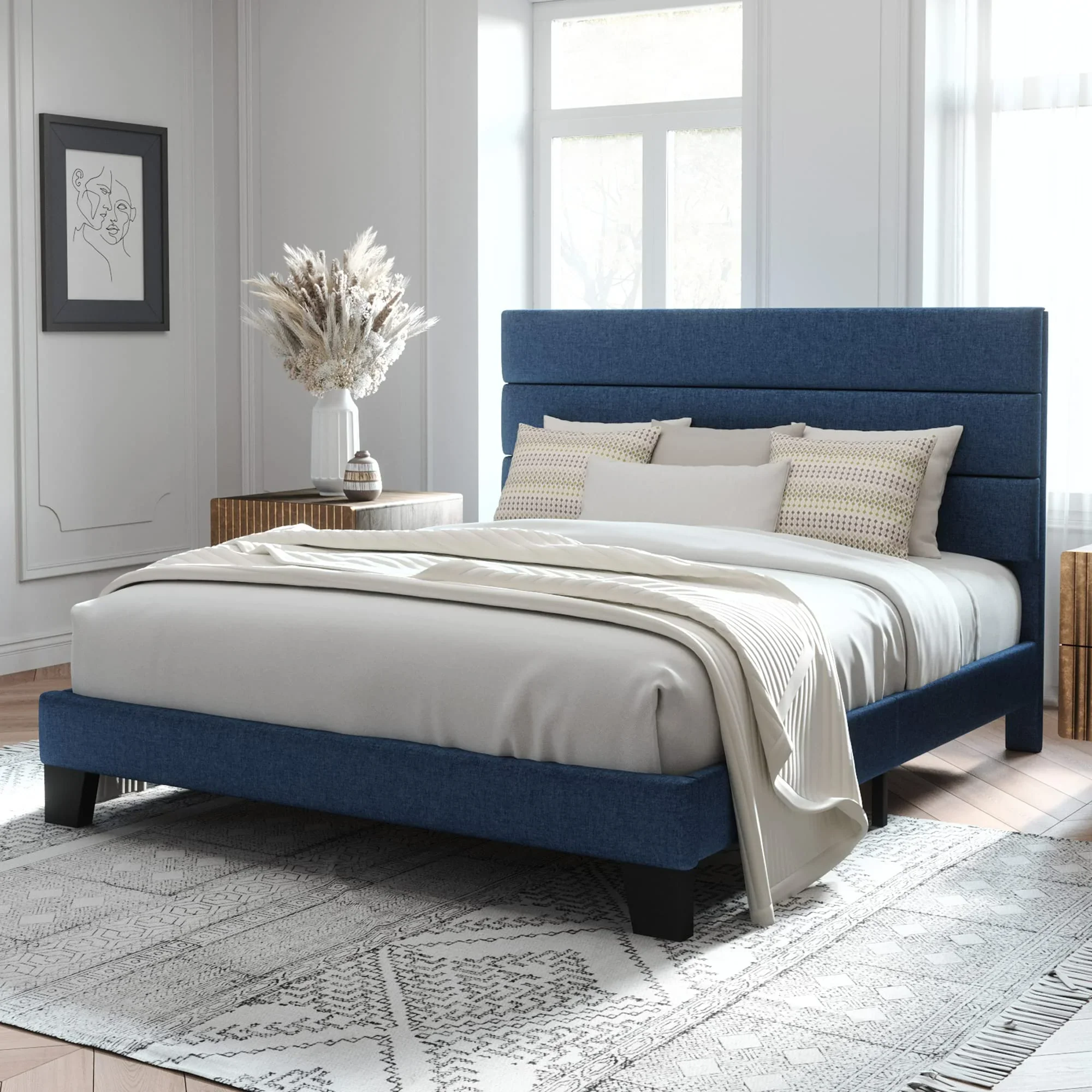 Allewie KMLL002 Platform Bed Frame with Fabric Upholstered Headboard, Navy Blue Queen Size - Image 2