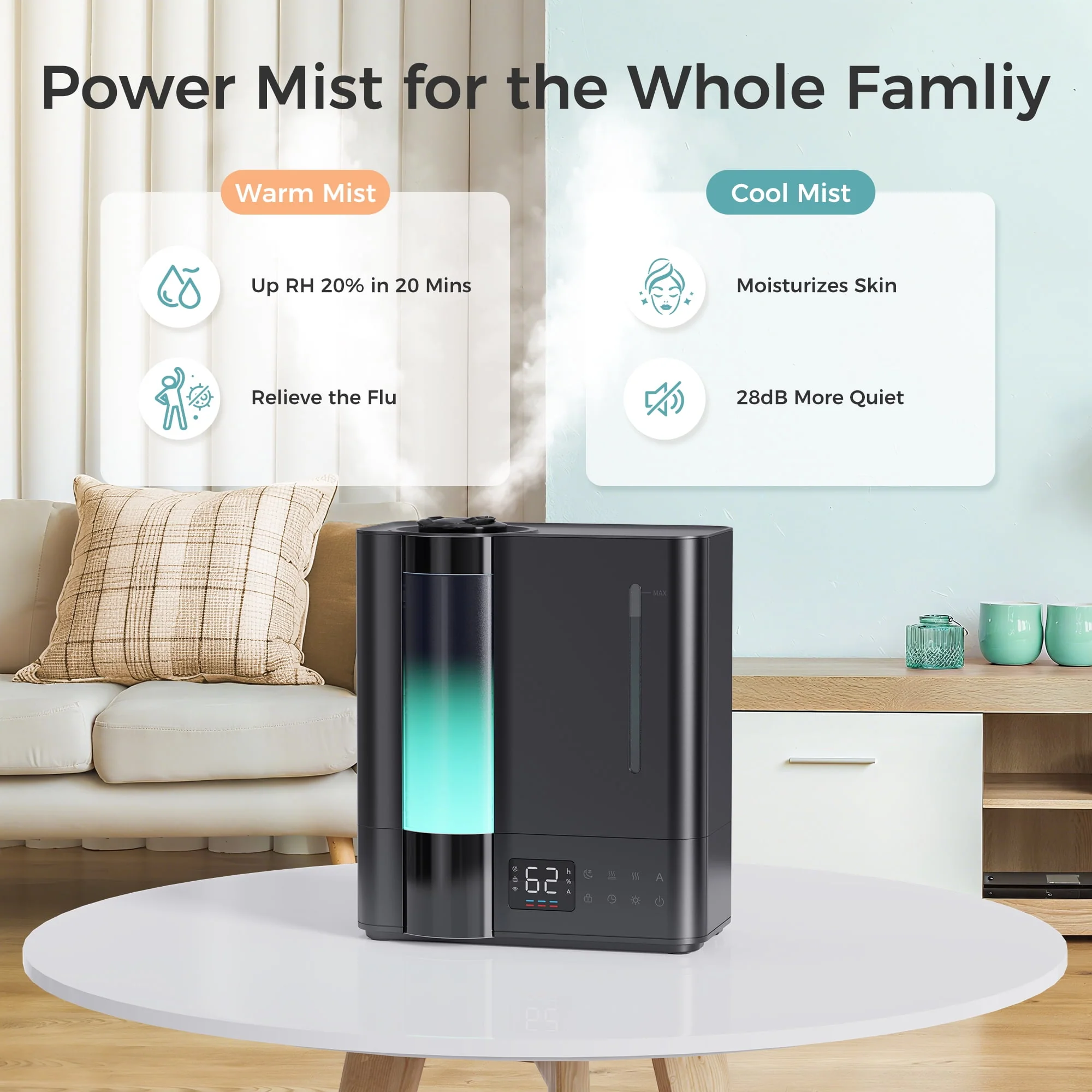 ALROCKET 8L Ultrasonic Whole House Humidifier, Warm and Cool Mist, 1000 sq ft Coverage, 80H Runtime, Quiet Operation, Black, DH-JS16 - Image 7