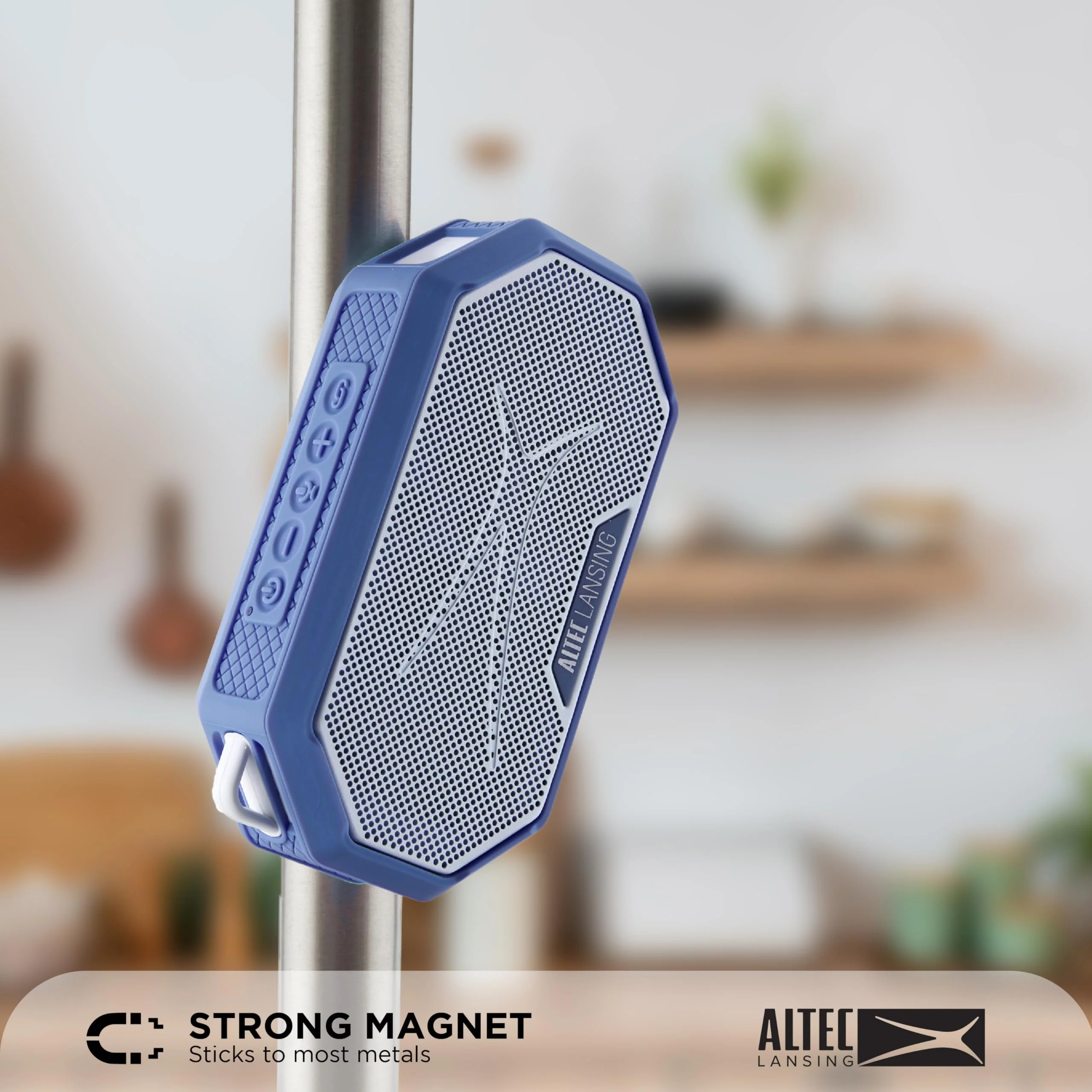Altec Lansing HydraMini 2.0 Portable Bluetooth Speaker, IP67 Waterproof, Dustproof, Shockproof, Floating, 12-Hour Playtime, USB-C Quick Charge, Magnetic Base, Carabiner Clip, Blue White