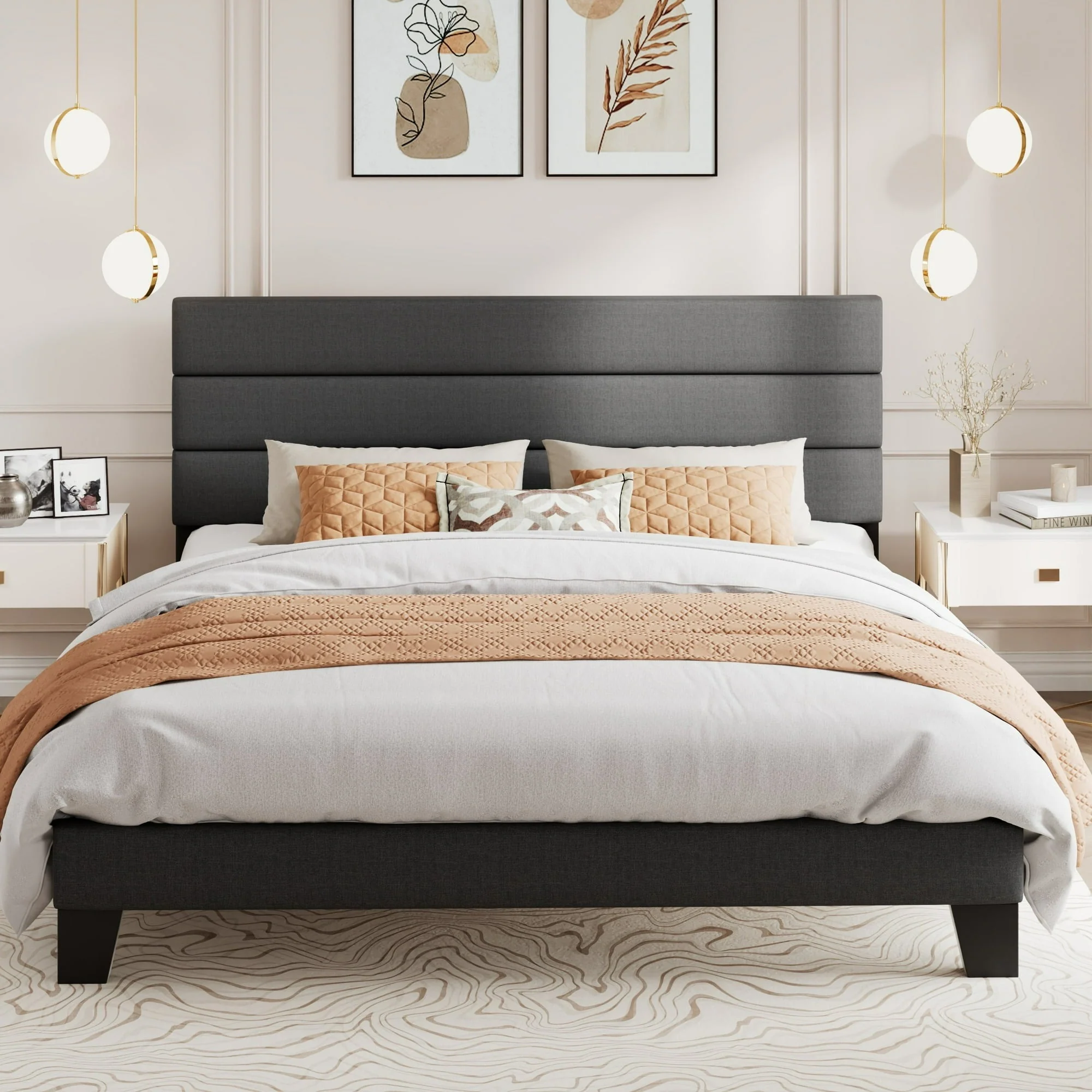 Amolife 1011322-6 King Bed Frame, Platform Bed Frame with Fabric Upholstered Headboard, Dark Grey