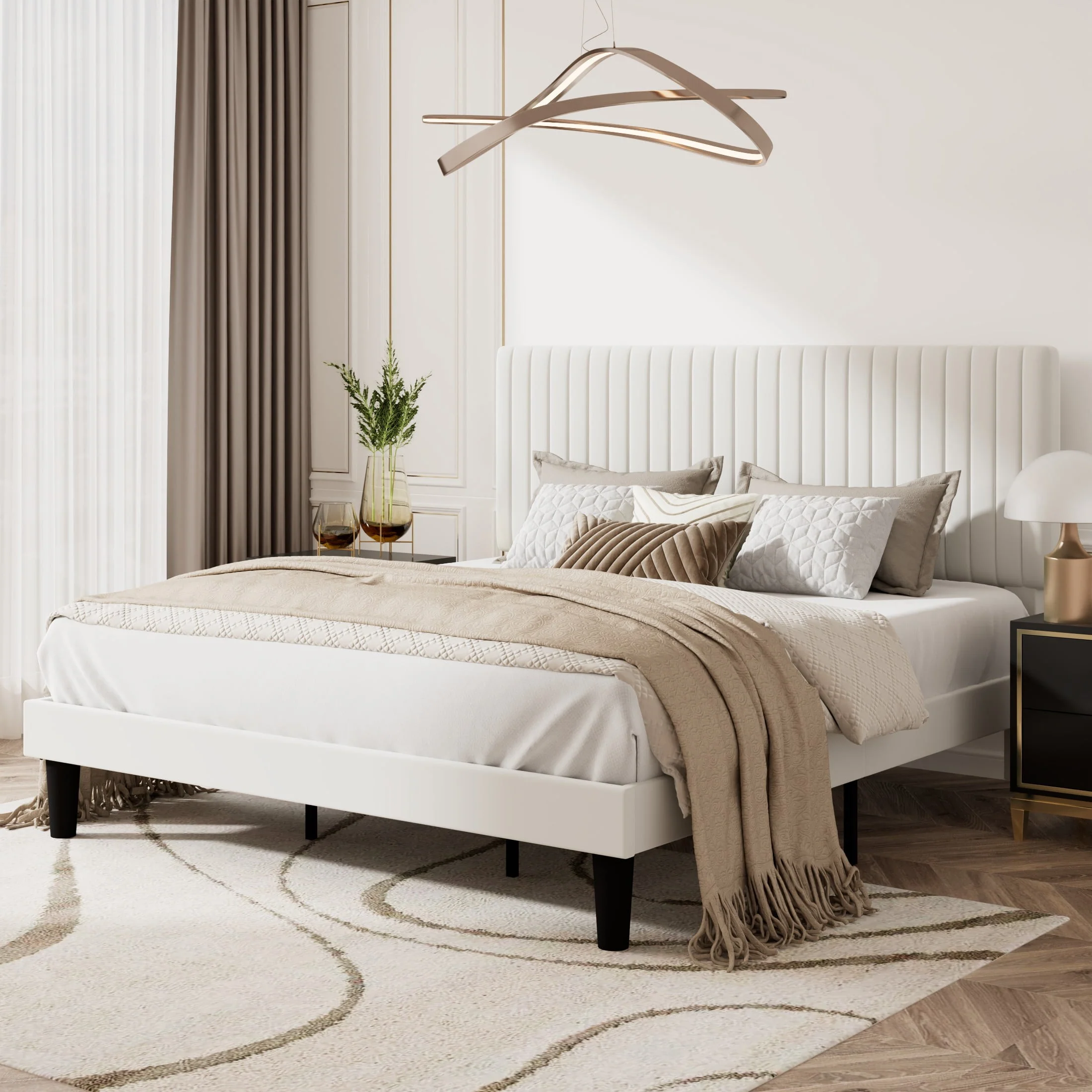 Amolife King Size Upholstered Platform Bed Frame with Adjustable Vertical Channel Tufted Velvet Headboard, Off-White, 7.9 in Under-Bed Storage