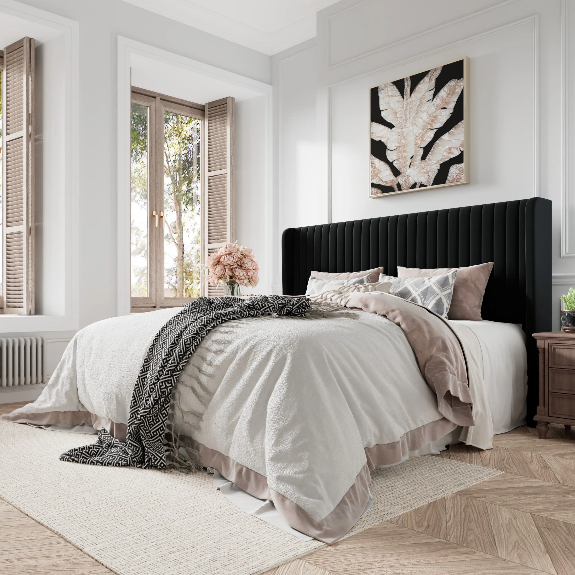 Amolife King Size Velvet Upholstered Bed with Wingback Headboard, Vertical Stripe Design, Black