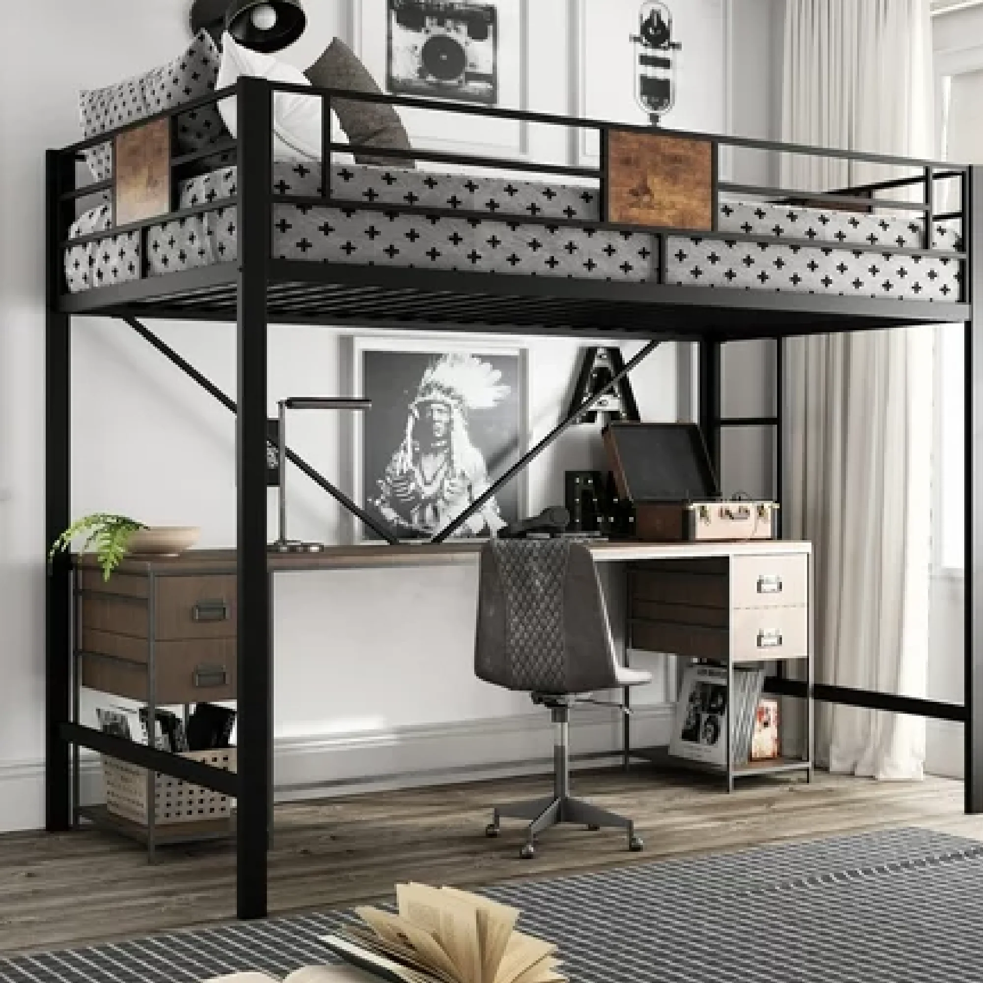 Amolife Metal Twin Size Loft Bed Frame with Stairs & Full-Length Guardrail, Rustic Wood, Black Frame - Image 2