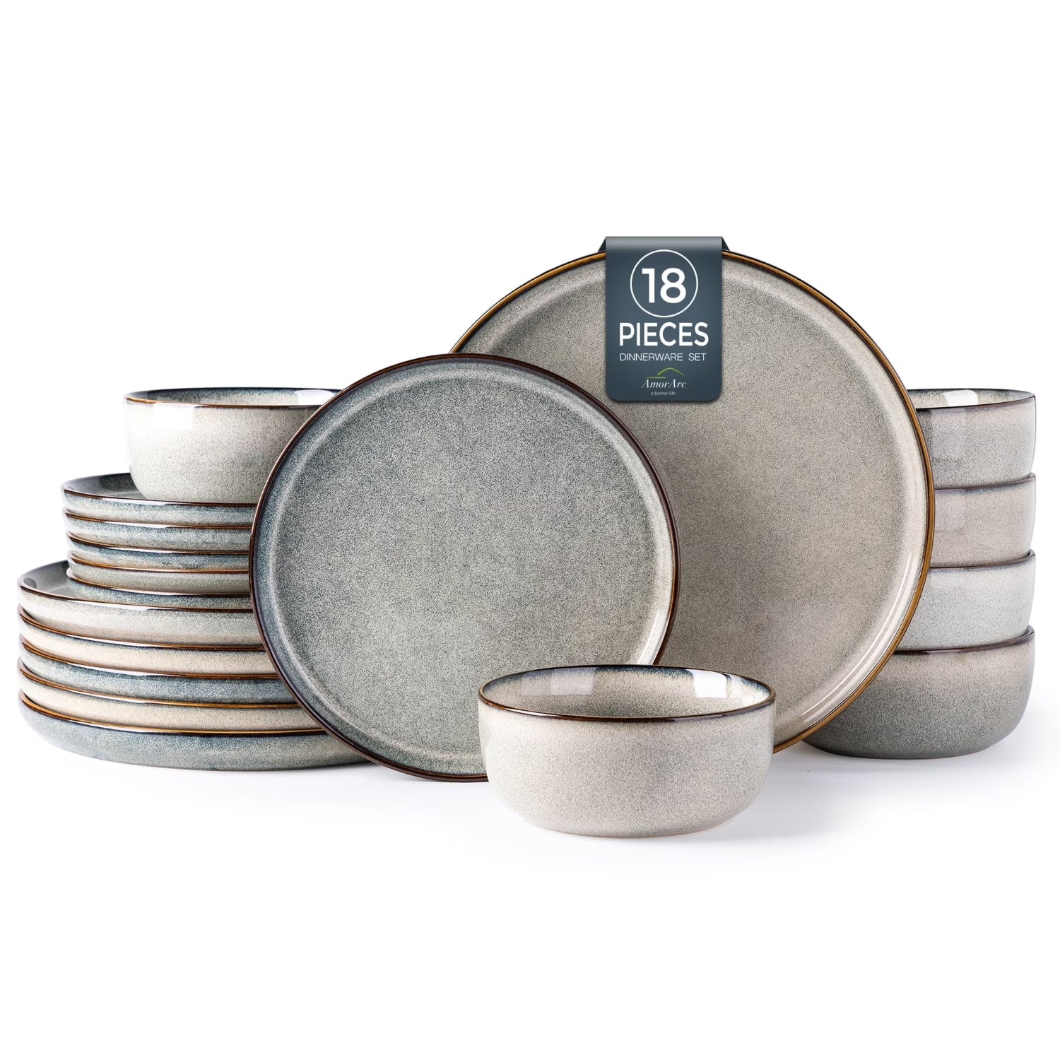 AmorArc Ceramic Dinnerware Sets for 6, 18 Pieces Stoneware Plates and Bowls Sets, Green Wheat - Dishwasher Safe
