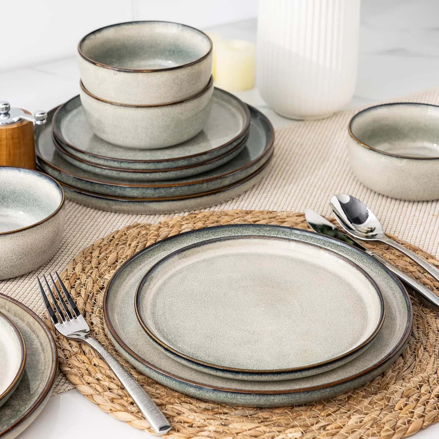 AmorArc Ceramic Dinnerware Sets for 6, 18 Pieces Stoneware Plates and Bowls Sets, Green Wheat - Dishwasher Safe - Image 3