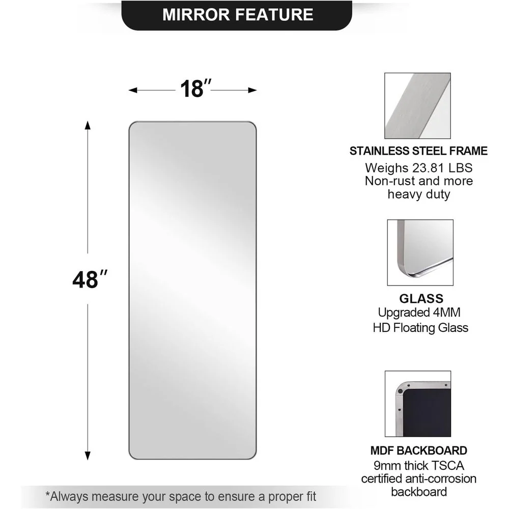 ANDY STAR 18" x 48" Full Length Wall Mirror, Large Brushed Nickel Mirror for Bathroom - Rectangular Shape - Image 3