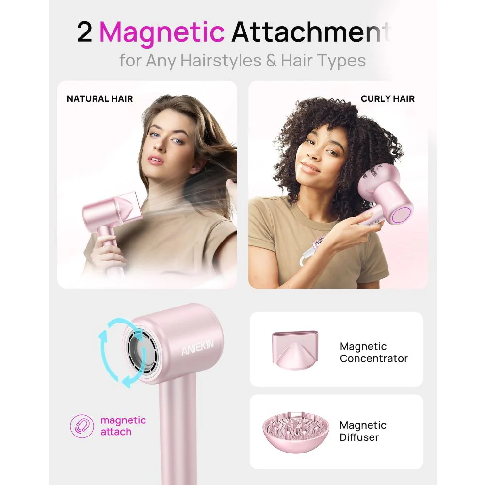 Aniekin Ionic High-Speed Hair Dryer, 1400W Brushless Motor, Thermo Control, Magnetic Diffuser, Lightweight Compact Design, Pink, F2 - Image 4