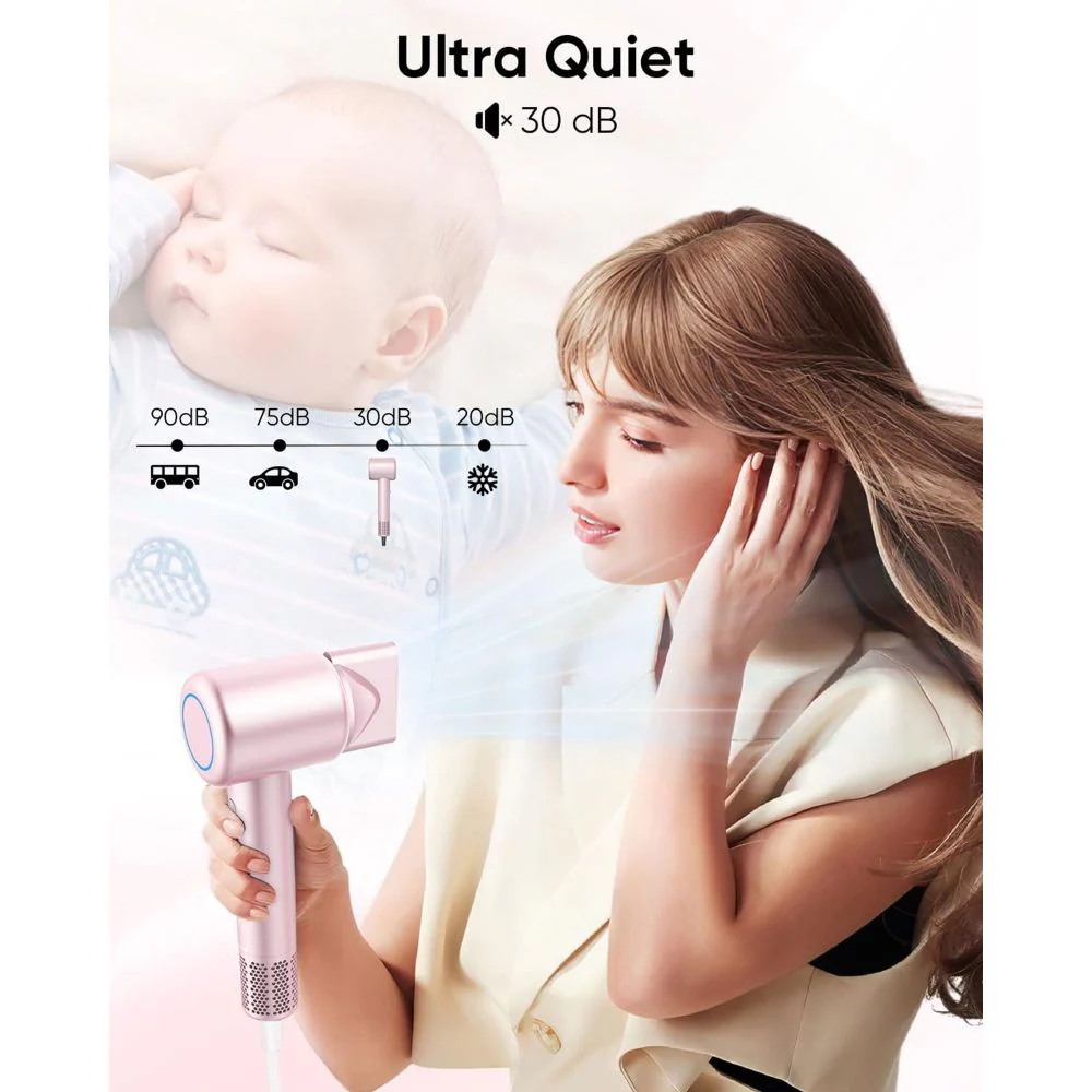 Aniekin Ionic High-Speed Hair Dryer, 1400W Brushless Motor, Thermo Control, Magnetic Diffuser, Lightweight Compact Design, Pink, F2 - Image 5