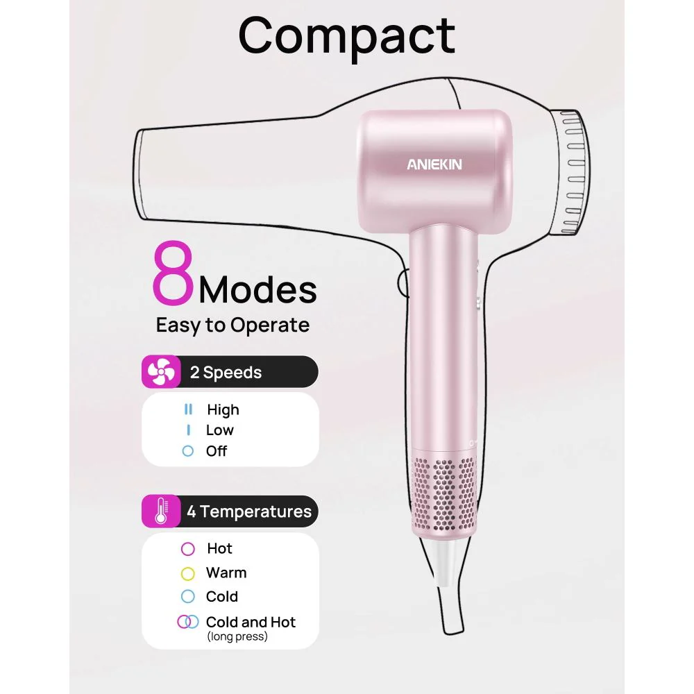 Aniekin Ionic High-Speed Hair Dryer, 1400W Brushless Motor, Thermo Control, Magnetic Diffuser, Lightweight Compact Design, Pink, F2 - Image 7