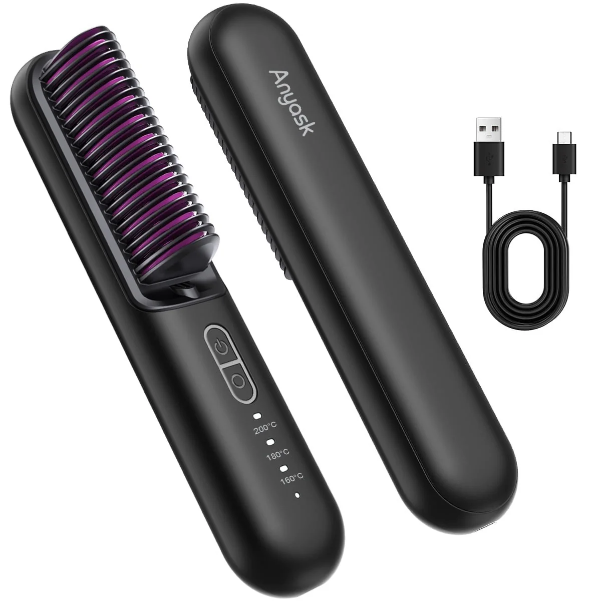 Anyask Cordless Hair Straightener Portable Ionic Hot Straightening Comb for Travel, Black