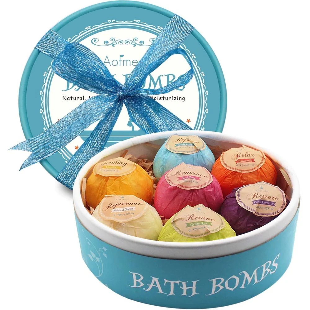 Aofmee Bath Bombs Set 7 Natural Essential Oils Spa Bubble Bath Salts Self Care Gifts Fizzy Suit Perfect Birthday Valentines Day Holiday Gift for Women Men Kids