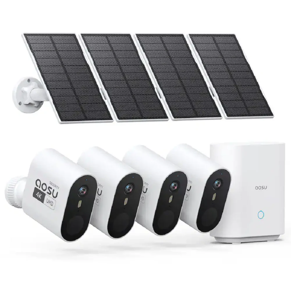 Aosu C7S-4H SolarCam System Max Wireless Security Camera System, 4 Cameras, 2K Resolution, Solar Powered, 32GB Storage, White