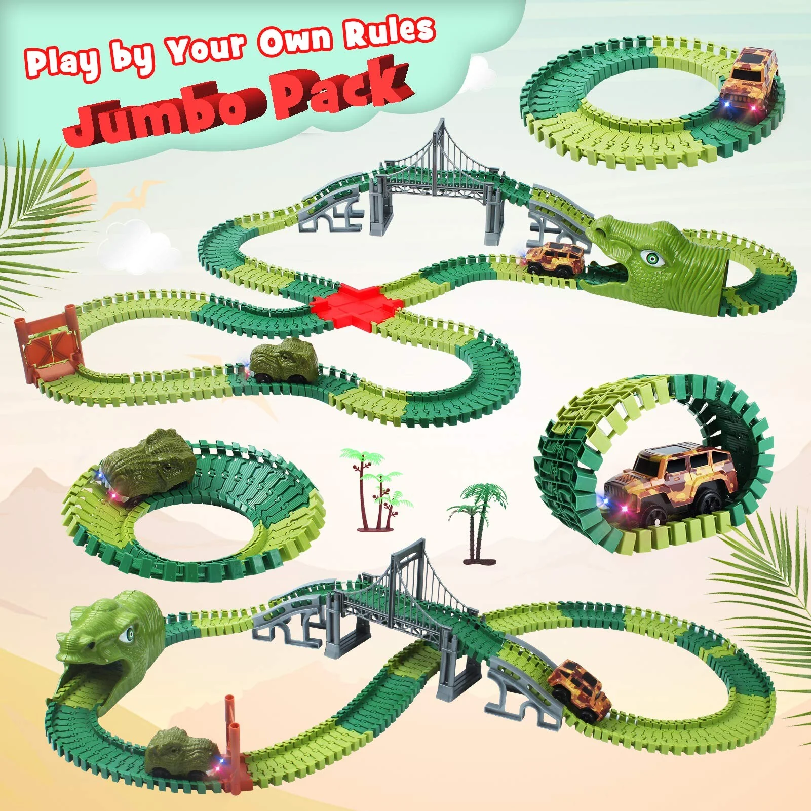 APPIE Dinosaur Track Toys with LED Light, 1 race car and 1 dinosaur car - Image 2