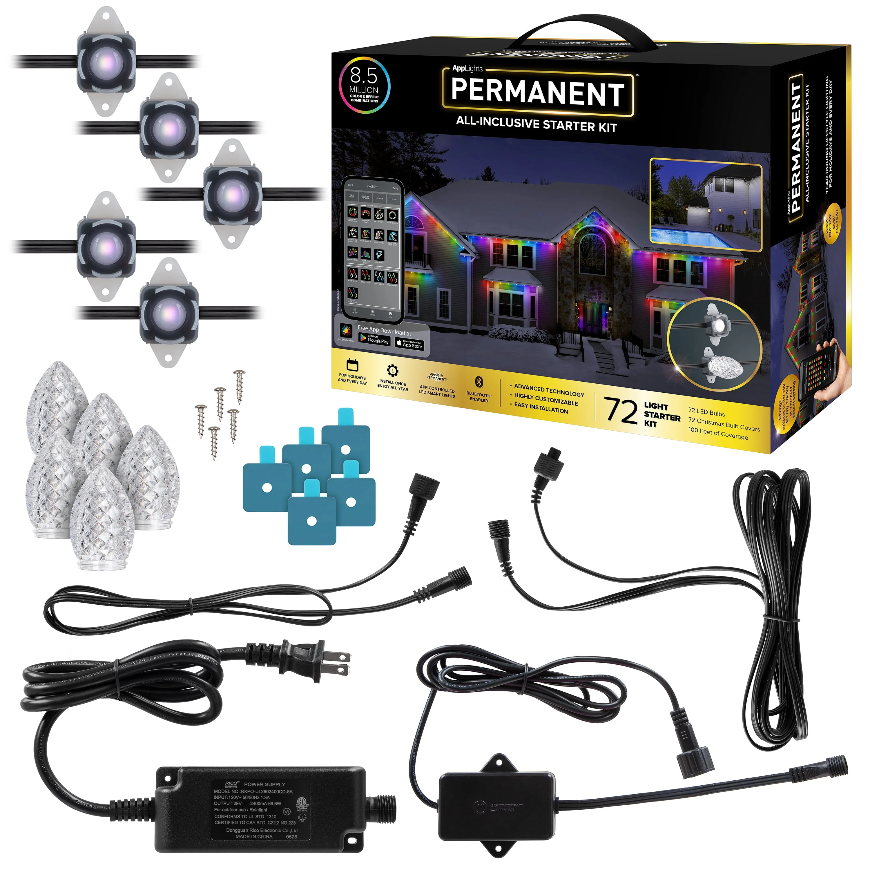 AppLights PERMANENT Starter Kit Christmas Light String with 72 LEDs, 100 feet, Black
