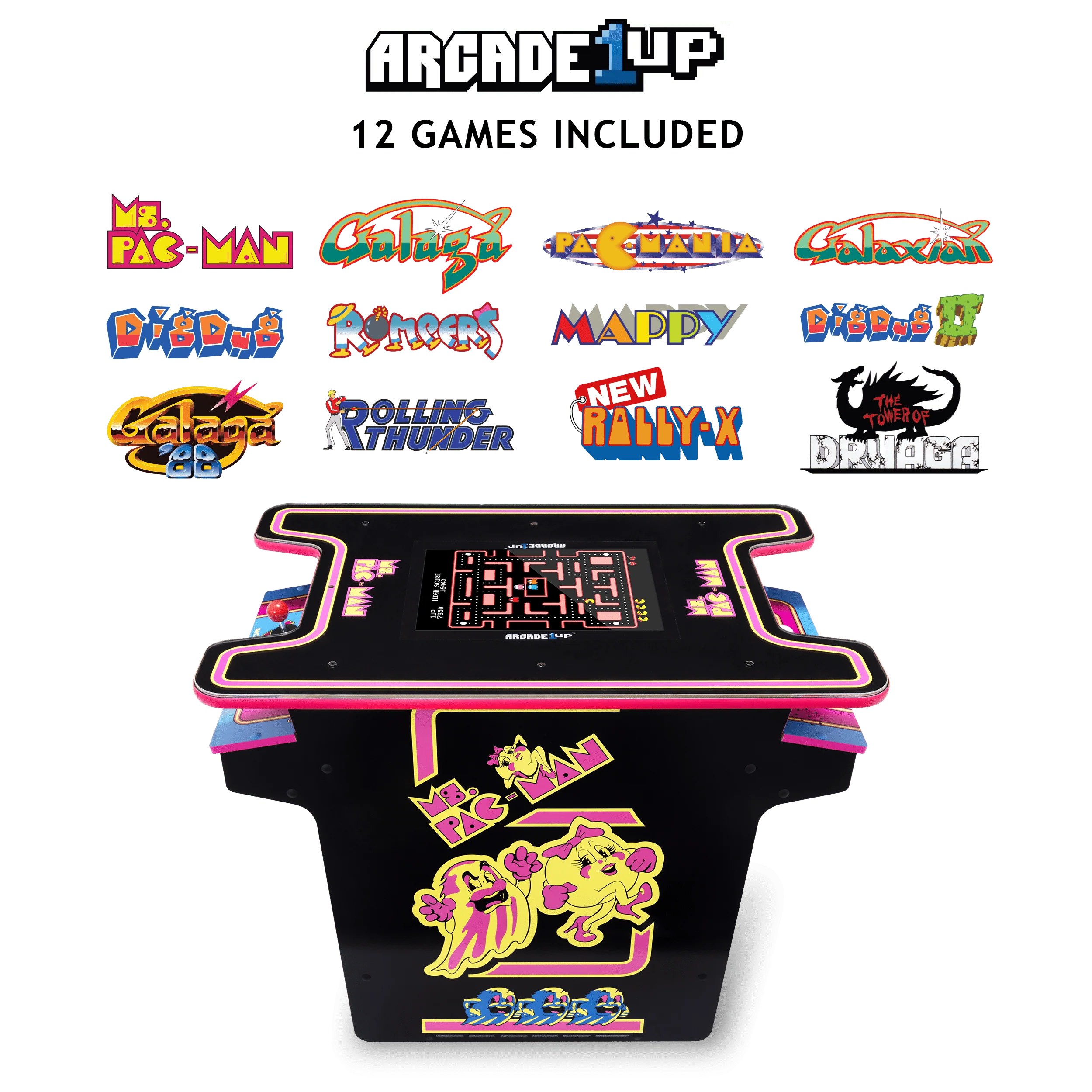 Arcade1Up Ms.PAC-MAN Head-to-Head Arcade Machine, Retro Cocktail-Style Home Arcade Table with 12 Classic Games, Light-Up Control Deck, Real-Feel Joysticks, MSP-H-501200 - Image 2
