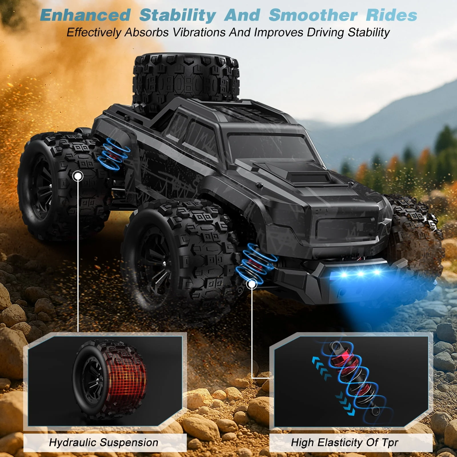 AUOSHI 1613 1:16 Brushless Remote Control Car, 40+ MPH Off-Road RC Truck, 4WD All-Terrain, Dual Batteries, LED Lights, Waterproof, Full Metal Drive Shaft, Black - Image 6