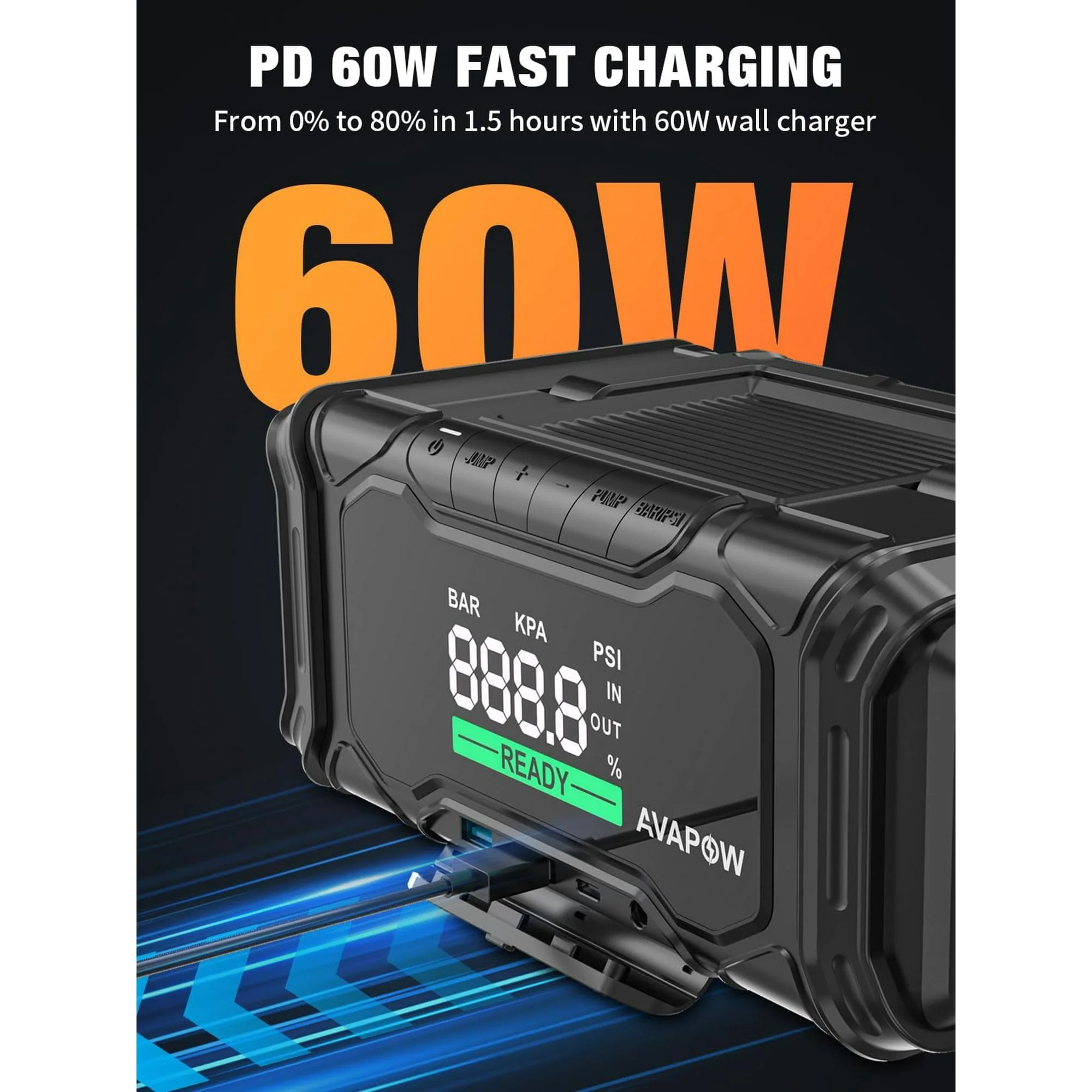 AVAPOW AP6 3000A Car Jump Starter with 160 PSI Air Compressor, 60W Fast Charging Power Bank, 3.3-Inch LCD Display, for 9.0L Gas and 6.5L Diesel Engines - Image 6
