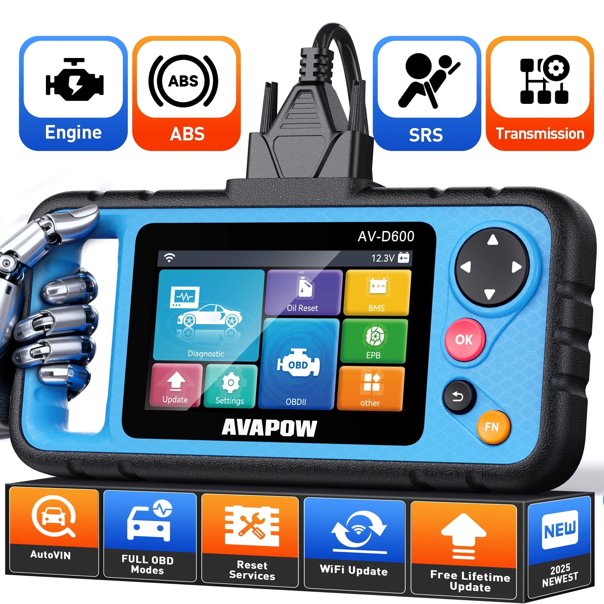 AVAPOW AV-D600 OBD2 Scanner Automotive Diagnostic Tool with Engine, ABS, SRS, Transmission Diagnostics, 3 Reset Services
