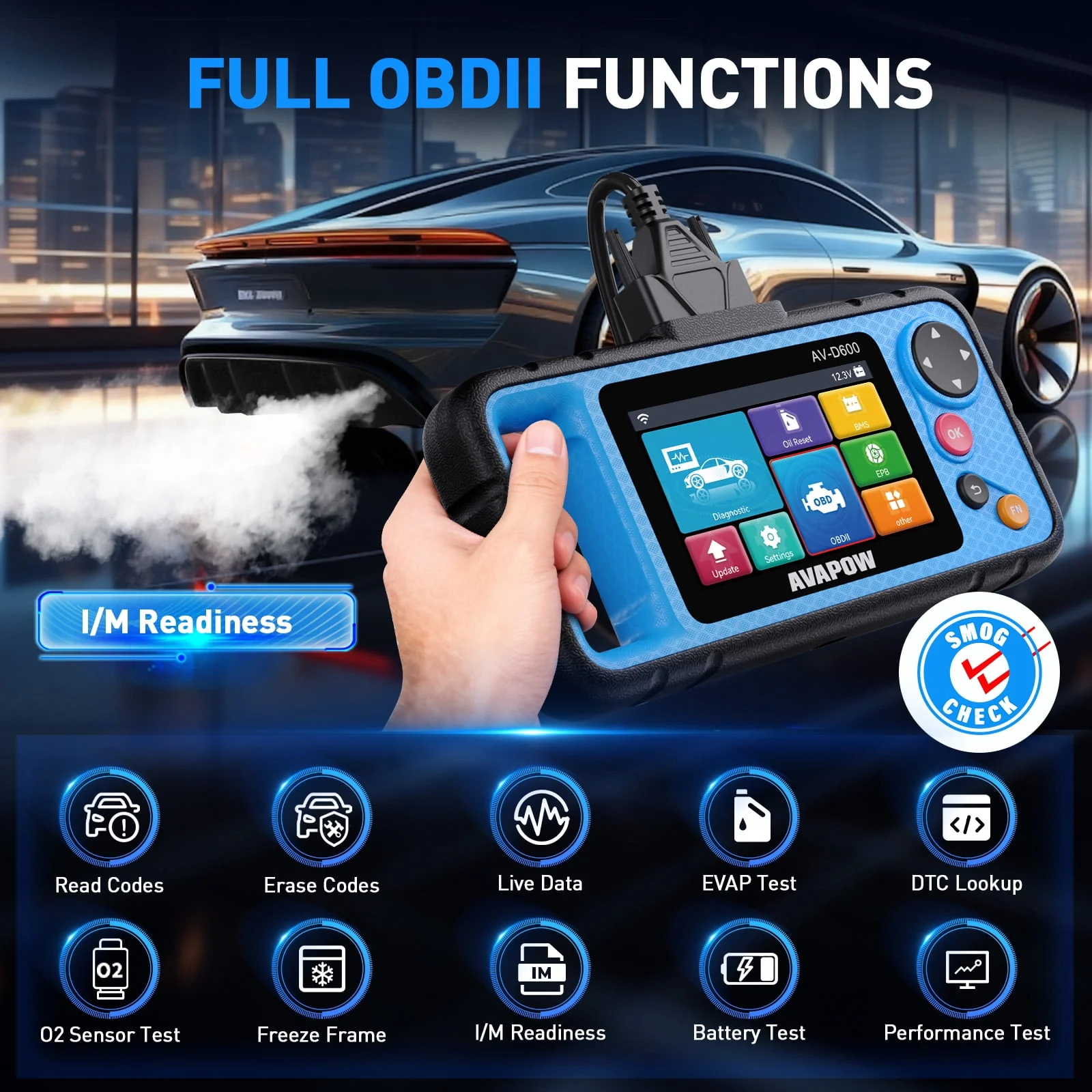 AVAPOW AV-D600 OBD2 Scanner Automotive Diagnostic Tool with Engine, ABS, SRS, Transmission Diagnostics, 3 Reset Services - Image 3