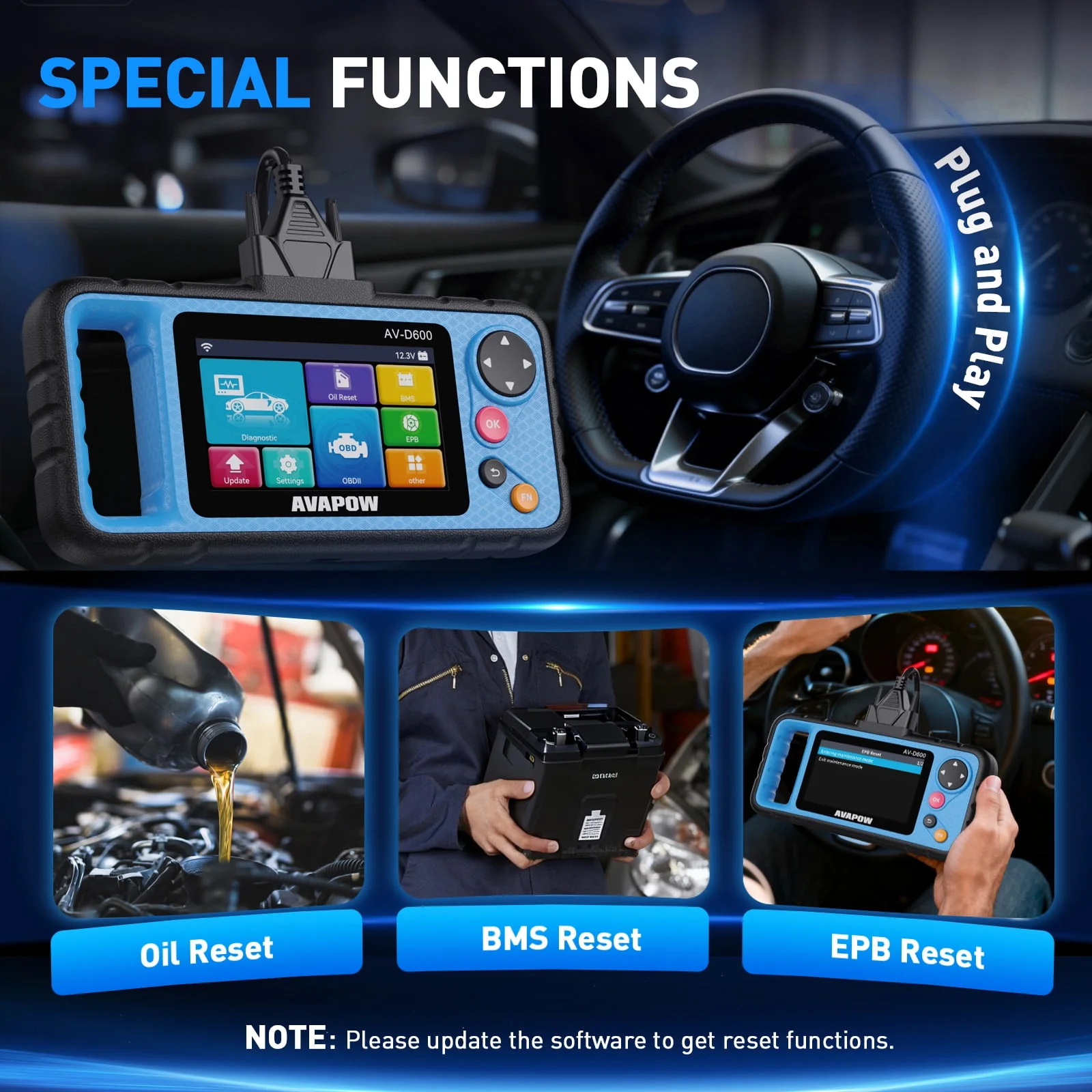 AVAPOW AV-D600 OBD2 Scanner Automotive Diagnostic Tool with Engine, ABS, SRS, Transmission Diagnostics, 3 Reset Services - Image 4