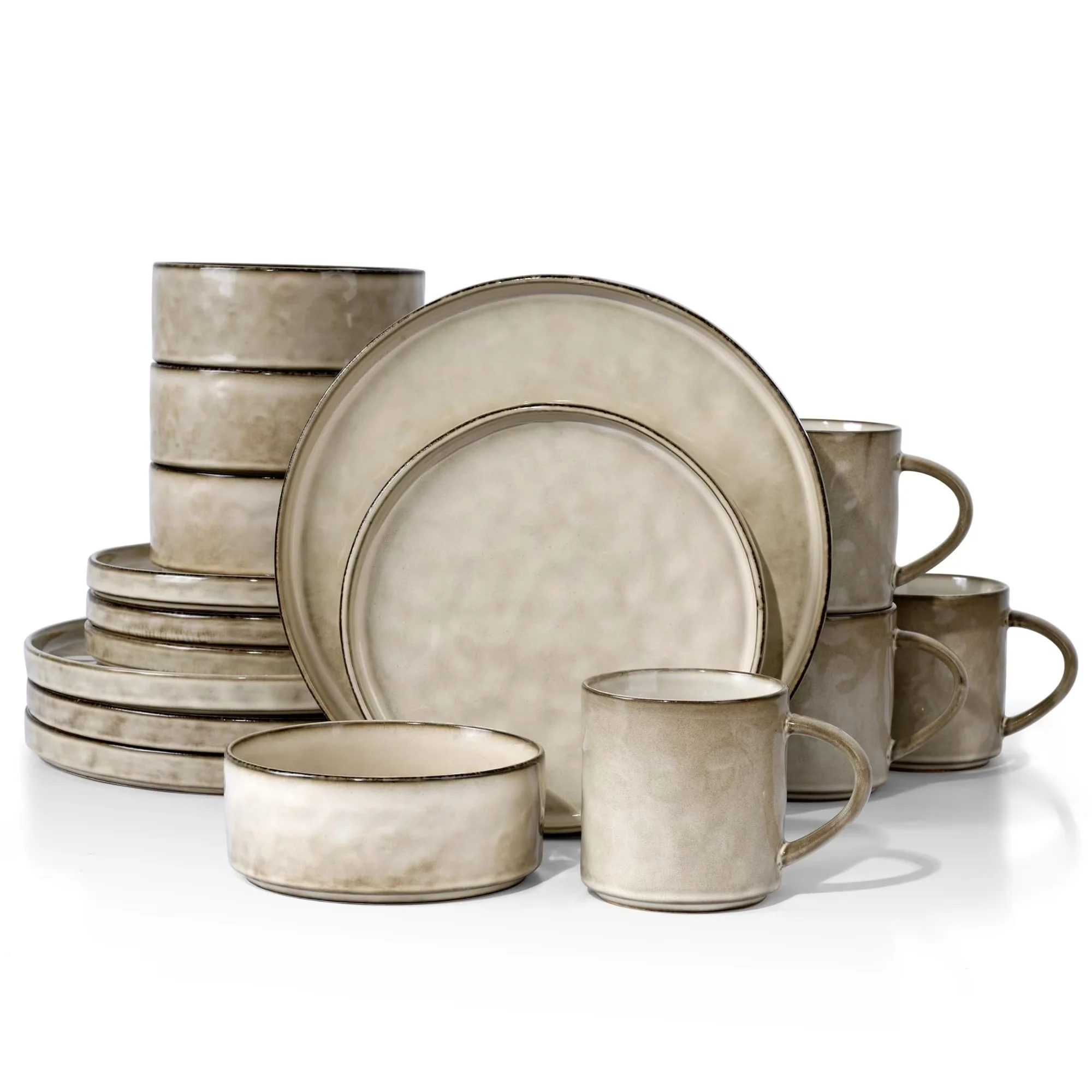 Vesteel 16-Piece Dinnerware Sets, Stoneware Dish and Bowls Set for 4, Handmade Reactive Glaze Coupe Plates Set - Image 3