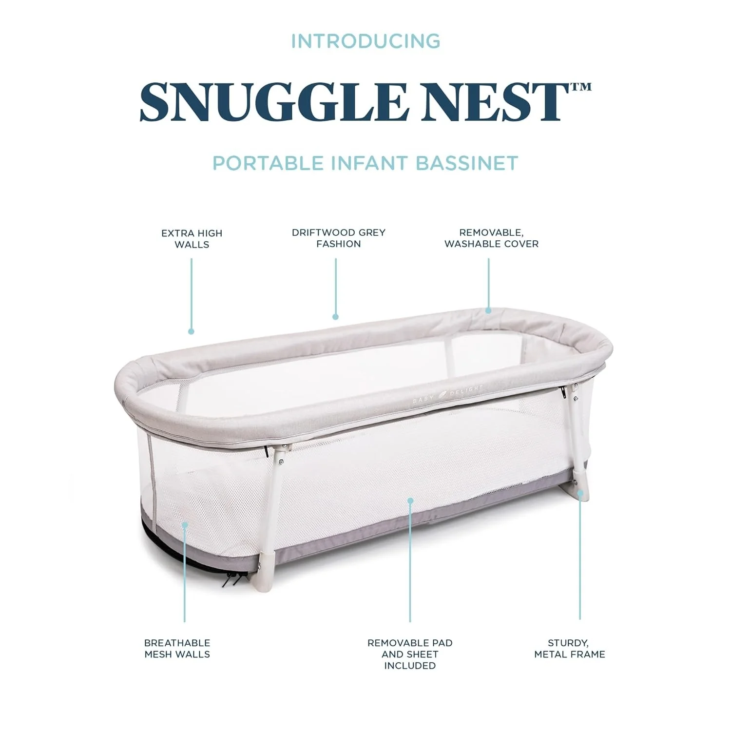 Baby Delight BD06280 Snuggle Nest Bassinet, Portable Baby Bed, for Infants 0-5 Months, Driftwood Grey - Image 3