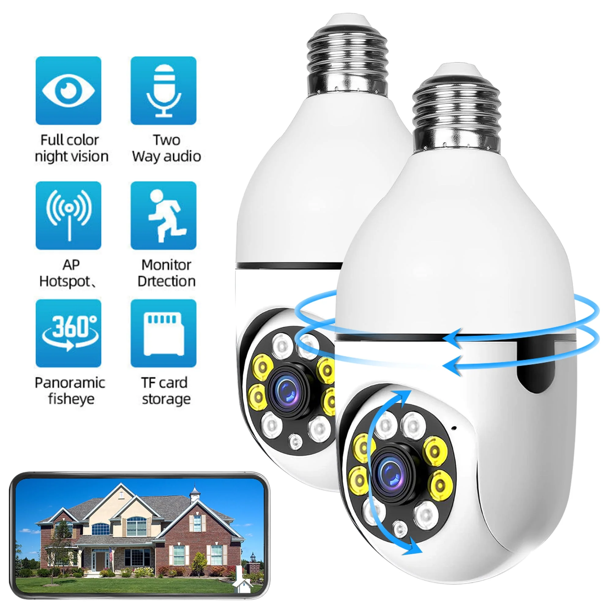 BCOOSS Security Camera Wireless WiFi Light Bulb, 1080P HD, Night Vision, Two-Way Audio, Alarm Siren, E27 Base, 2-Pack