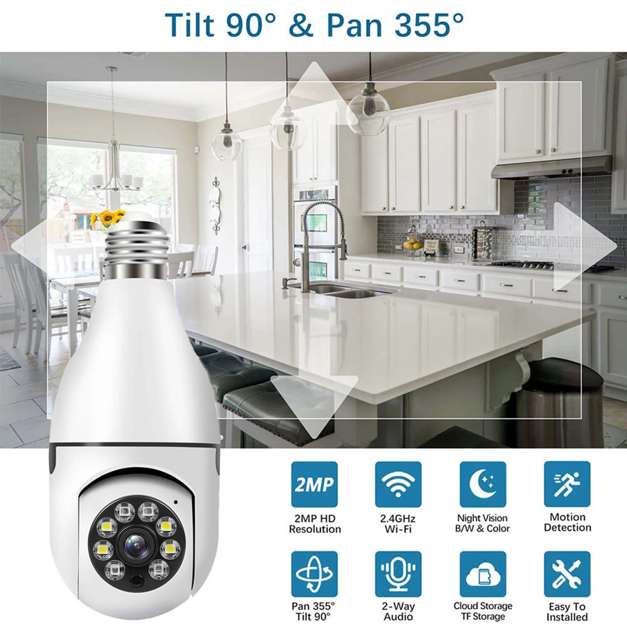 BCOOSS Security Camera Wireless WiFi Light Bulb, 1080P HD, Night Vision, Two-Way Audio, Alarm Siren, E27 Base, 2-Pack - Image 5
