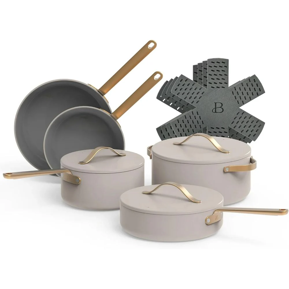 Beautiful 19516 12-Piece Bakeware & Kitchen Tools Set, Porcini Taupe By Drew Barrymore, Grey