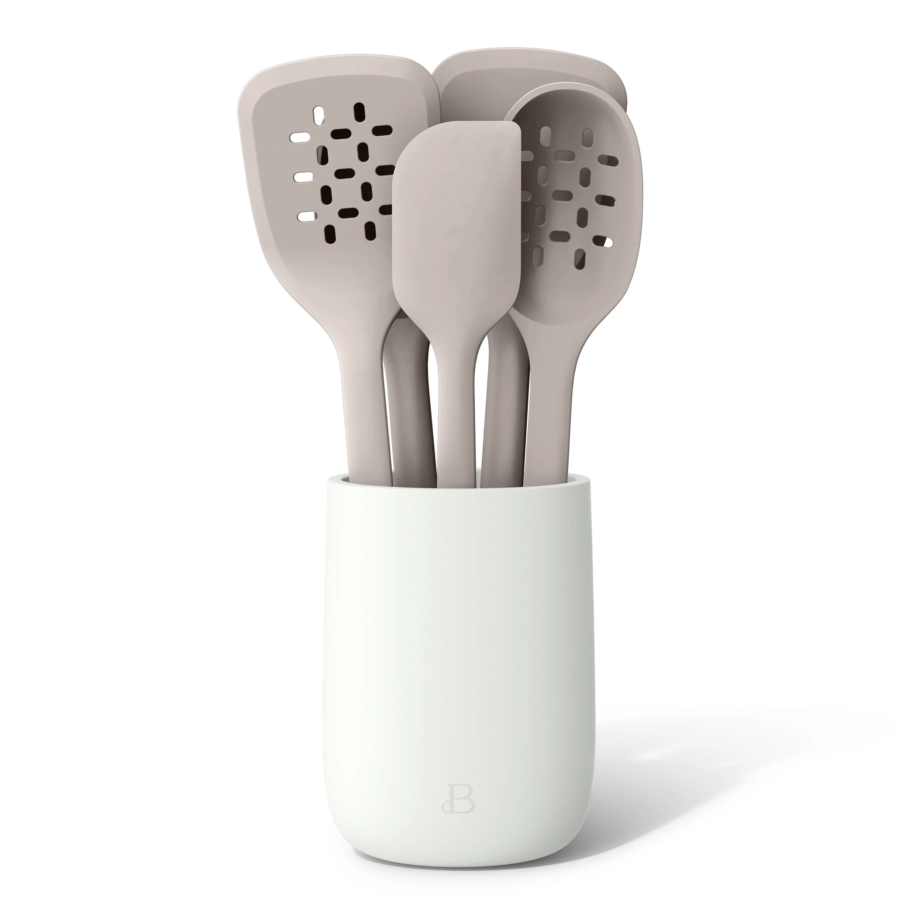Beautiful by Drew Barrymore 6-Piece Silicone Kitchen Tool Set with Ceramic Crock, Heat-Resistant, Neutral Colors with Gold-Tipped Handles - Image 2