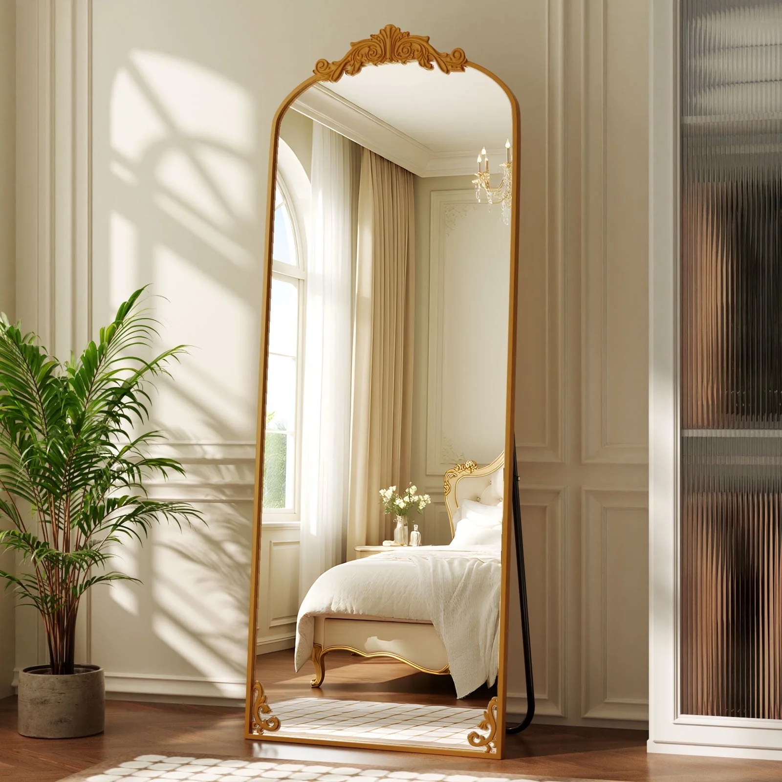 BEAUTYPEAK 72"x24" Full Length Mirror with Baroque Flower Head Design Wall-Mounted Mirror,Gold