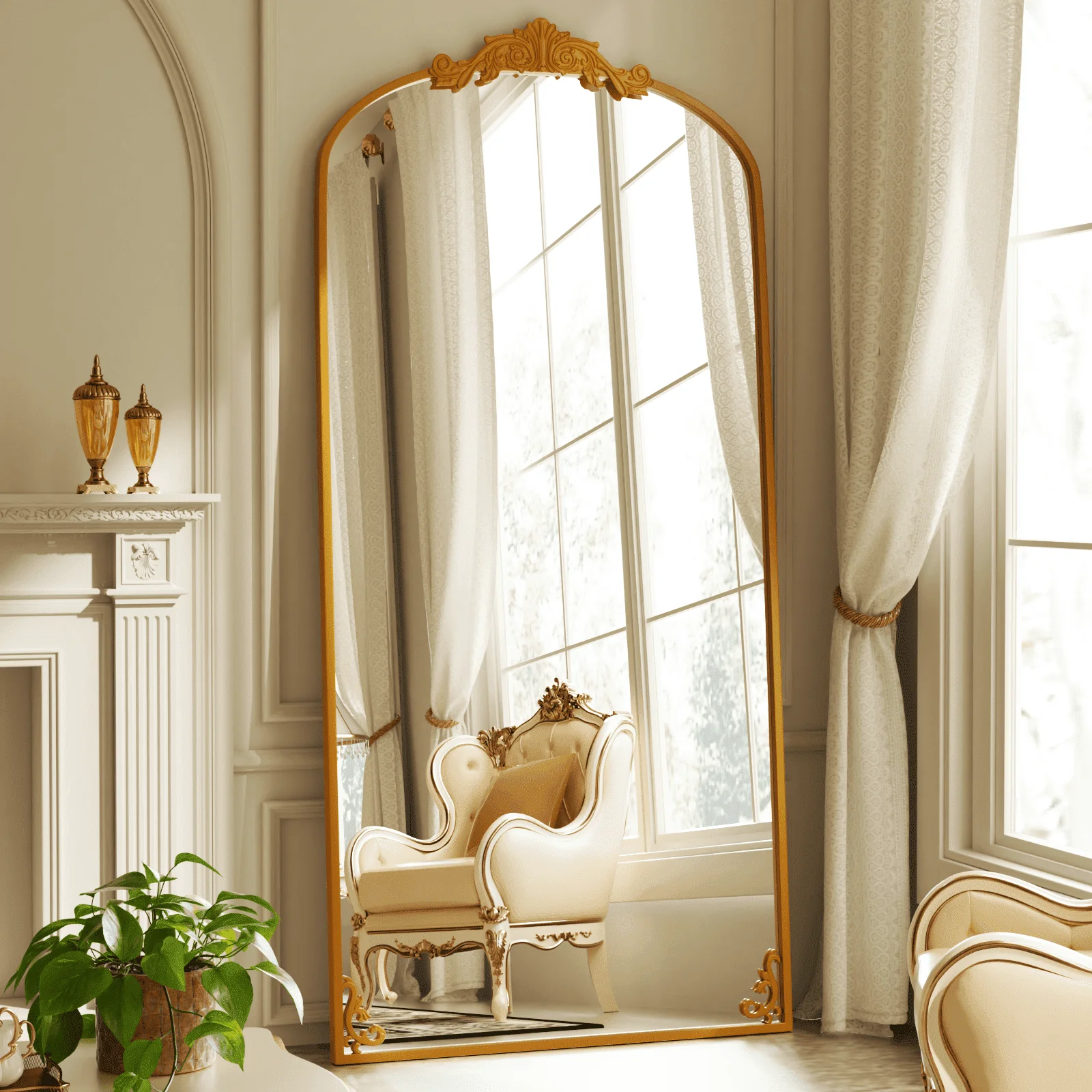 Beautypeak 17313417942 Full Length Wall-Mounted Mirror, 74 x 32 in, Baroque Flower Head Design, Gold Finish