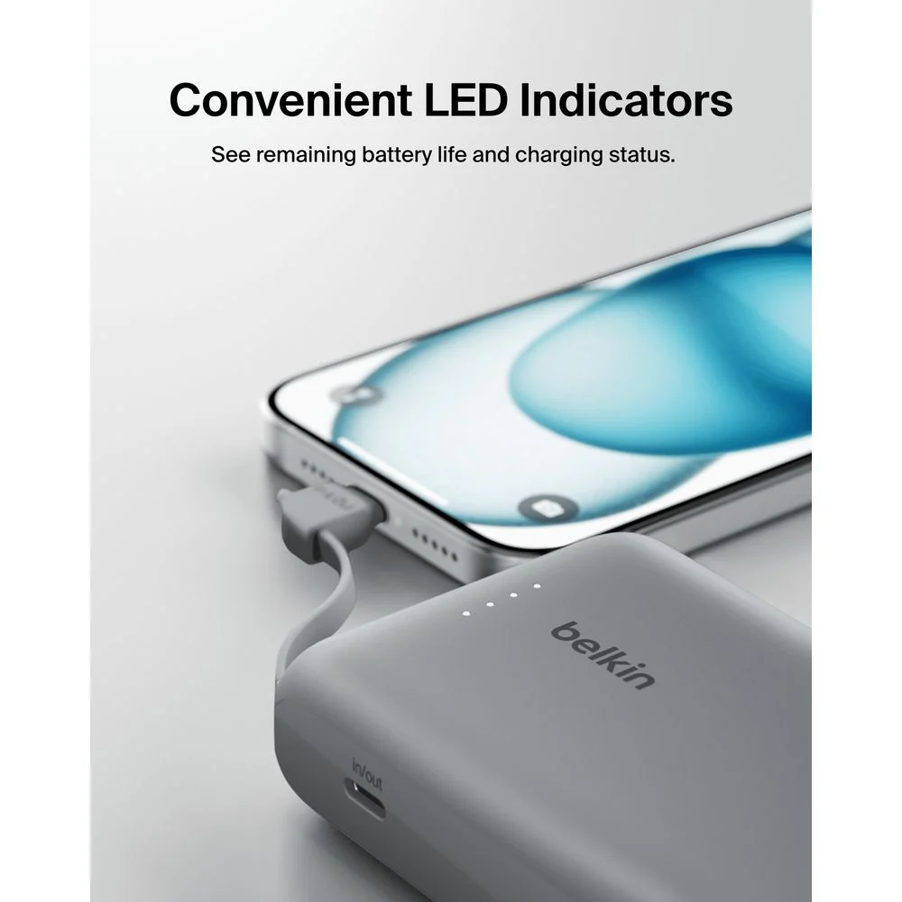 Belkin BoostCharge Power Bank 10,000mAh with Integrated USB-C Cable, 20W Fast Charge, Dual Device Charging, Gray - Image 6