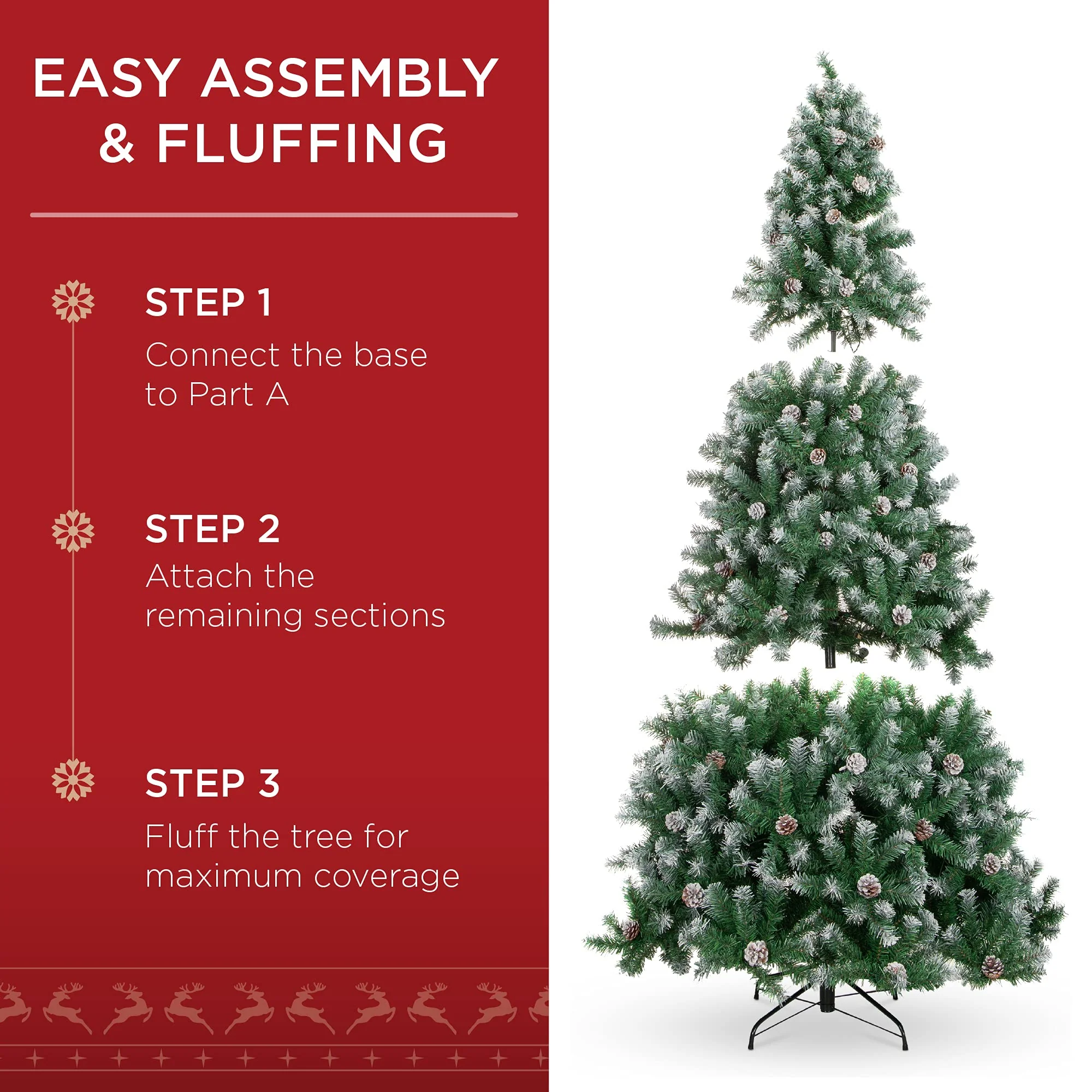 Best Choice Products 6ft Pre-Lit Pre-Decorated Artificial Christmas Tree with 250 Warm White Incandescent Lights, Flocked Tips, Pine Cones, Metal Base, SKY5884 - Image 6